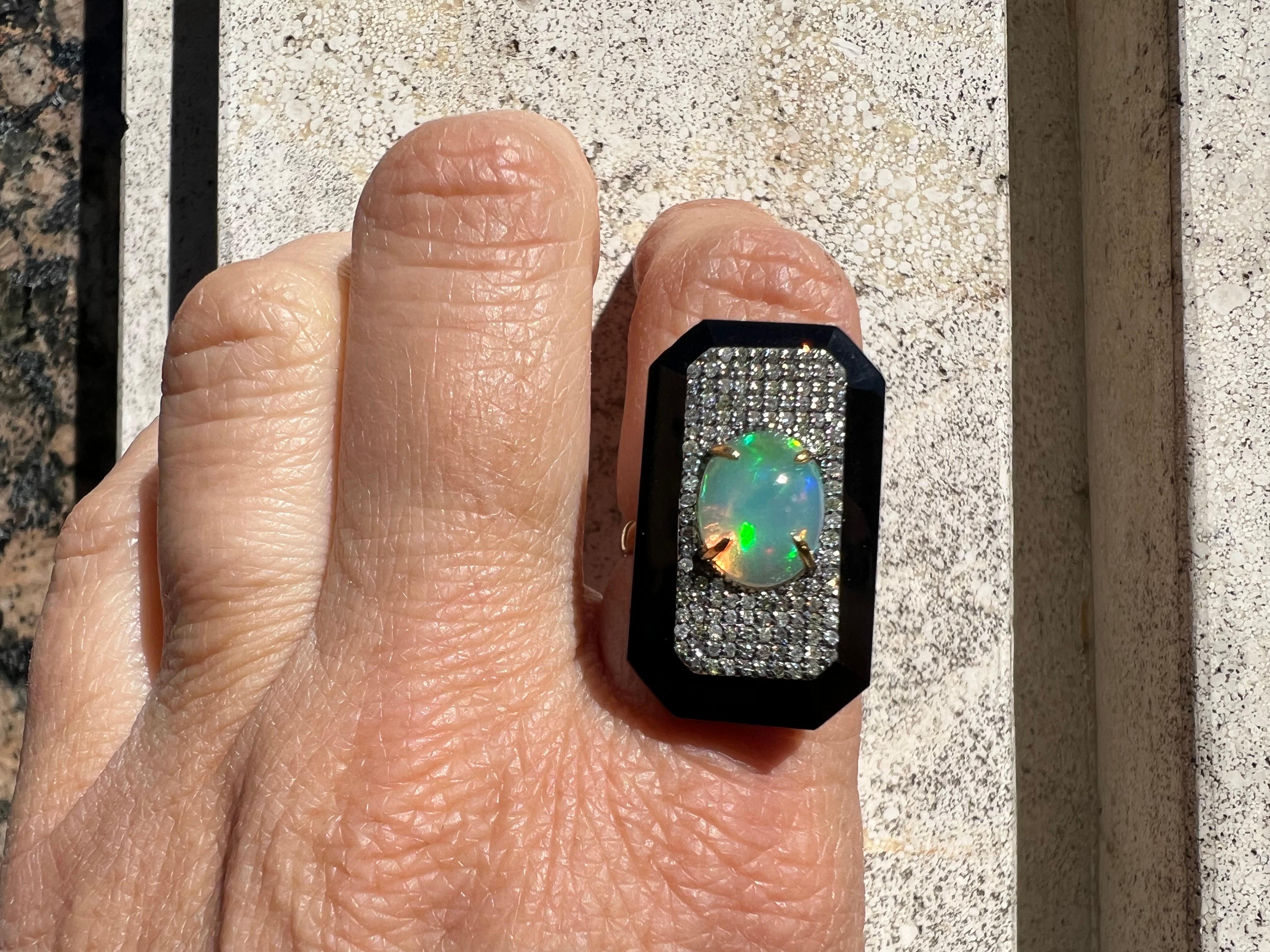 Art Deco 14k Yellow Gold, Silver, Diamond Opal Onyx Cocktail Marquise Ring For Sale 1