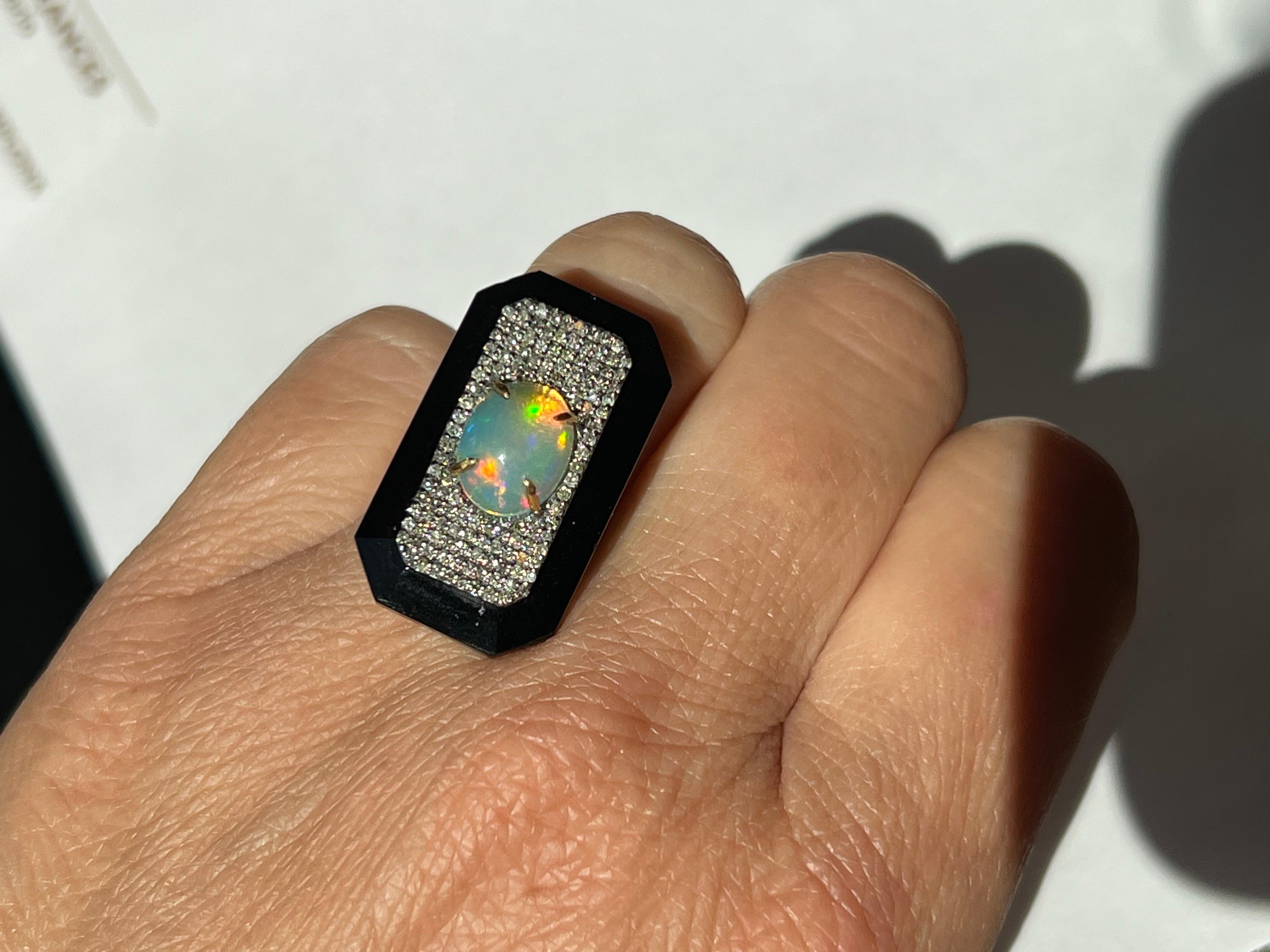 Art Deco 14k Yellow Gold, Silver, Diamond Opal Onyx Cocktail Marquise Ring For Sale 2