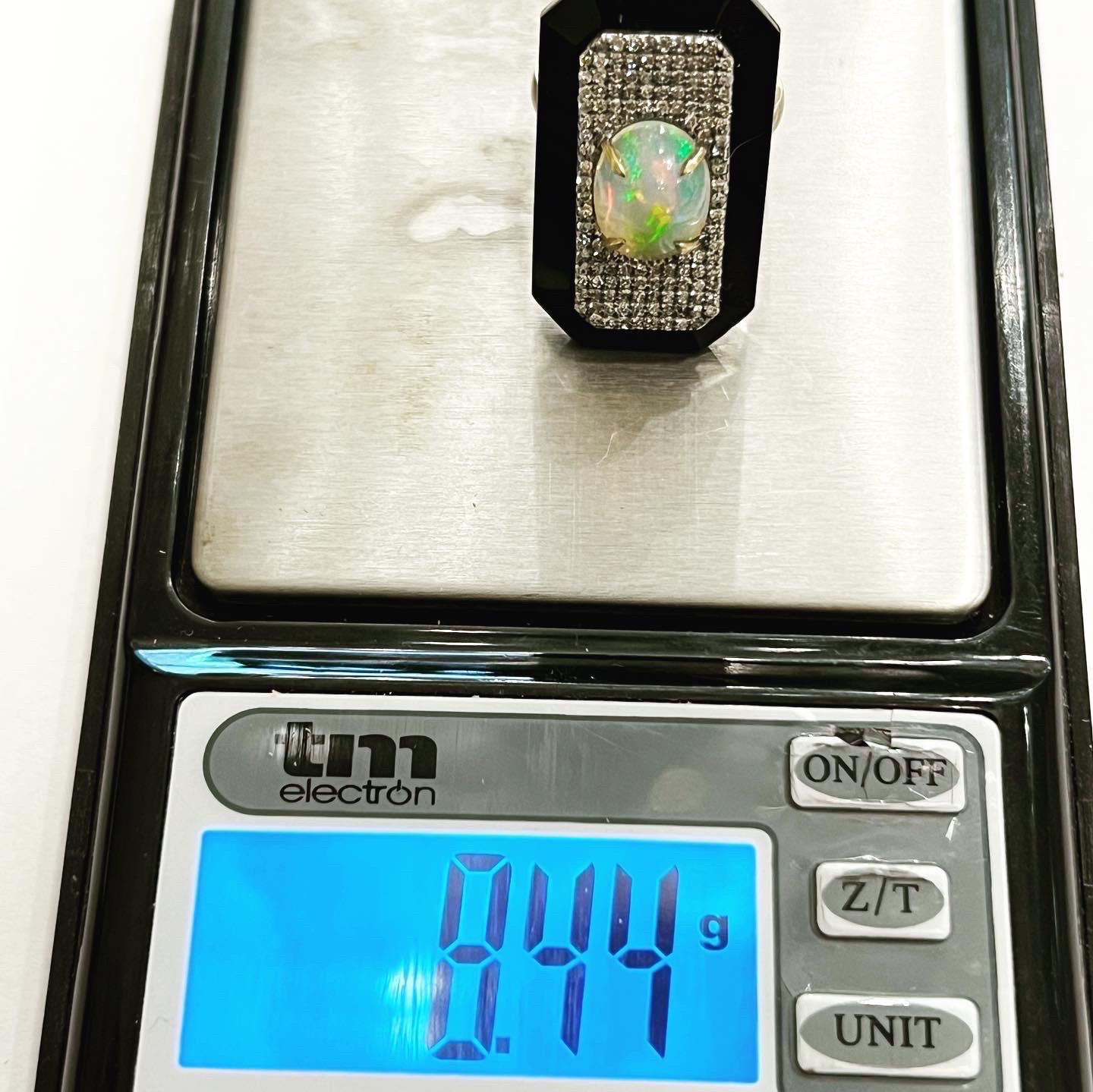 Art Deco 14k Yellow Gold, Silver, Diamond Opal Onyx Cocktail Marquise Ring For Sale 3