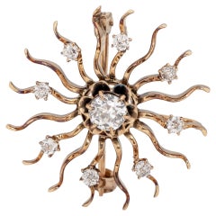 Art Deco 14K Yellow Gold Sun Design Convertible Pin with Old Cut Diamond Accents
