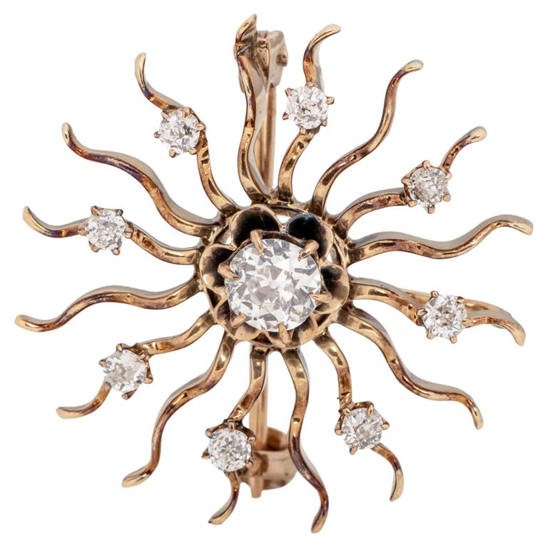 Art Deco 14K Yellow Gold Sun Design Convertible Pin with Old Cut Diamond Accents For Sale