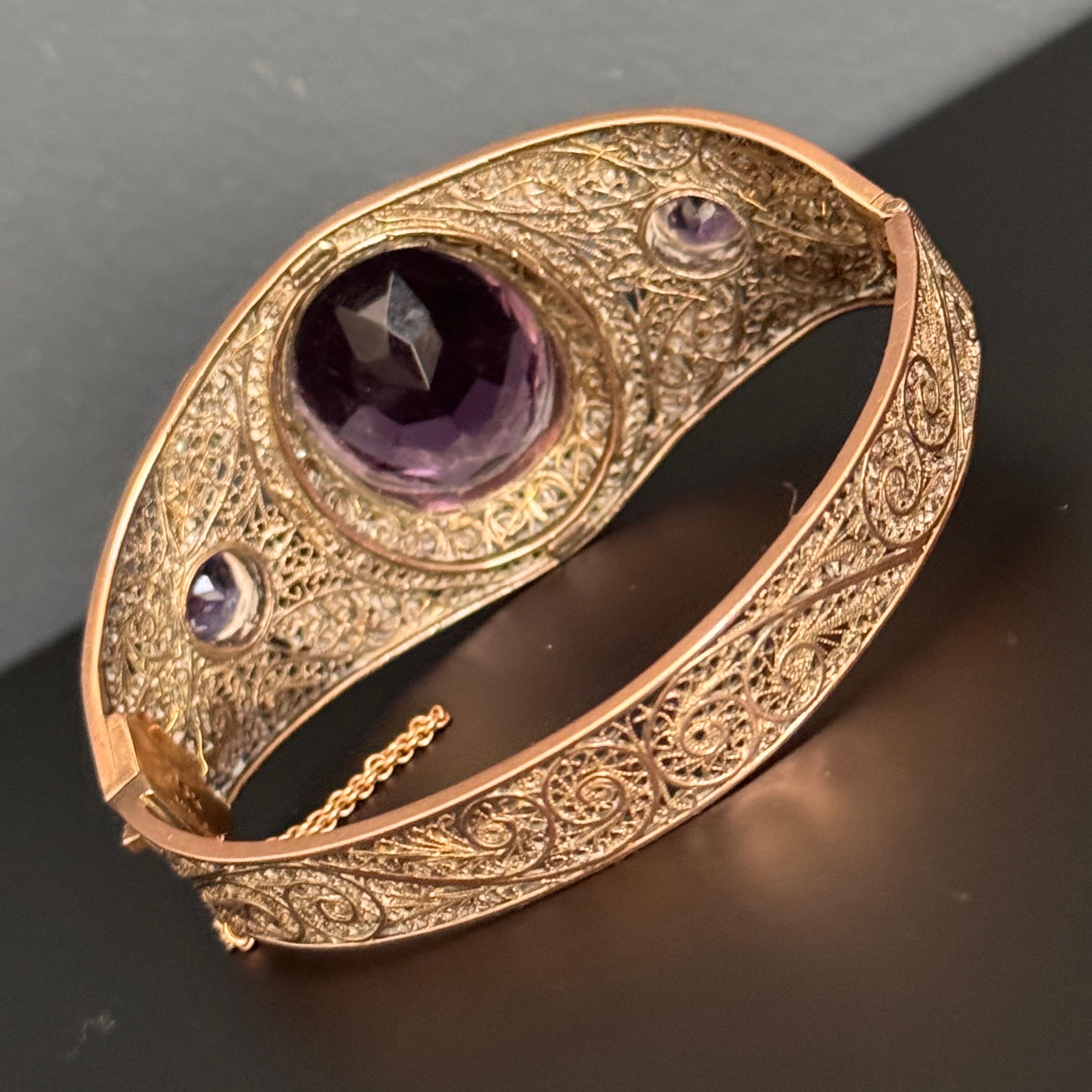 Art Deco 14kt Gold Seed Pearl Hinged Bangle Bracelet with Amethyst For Sale 6