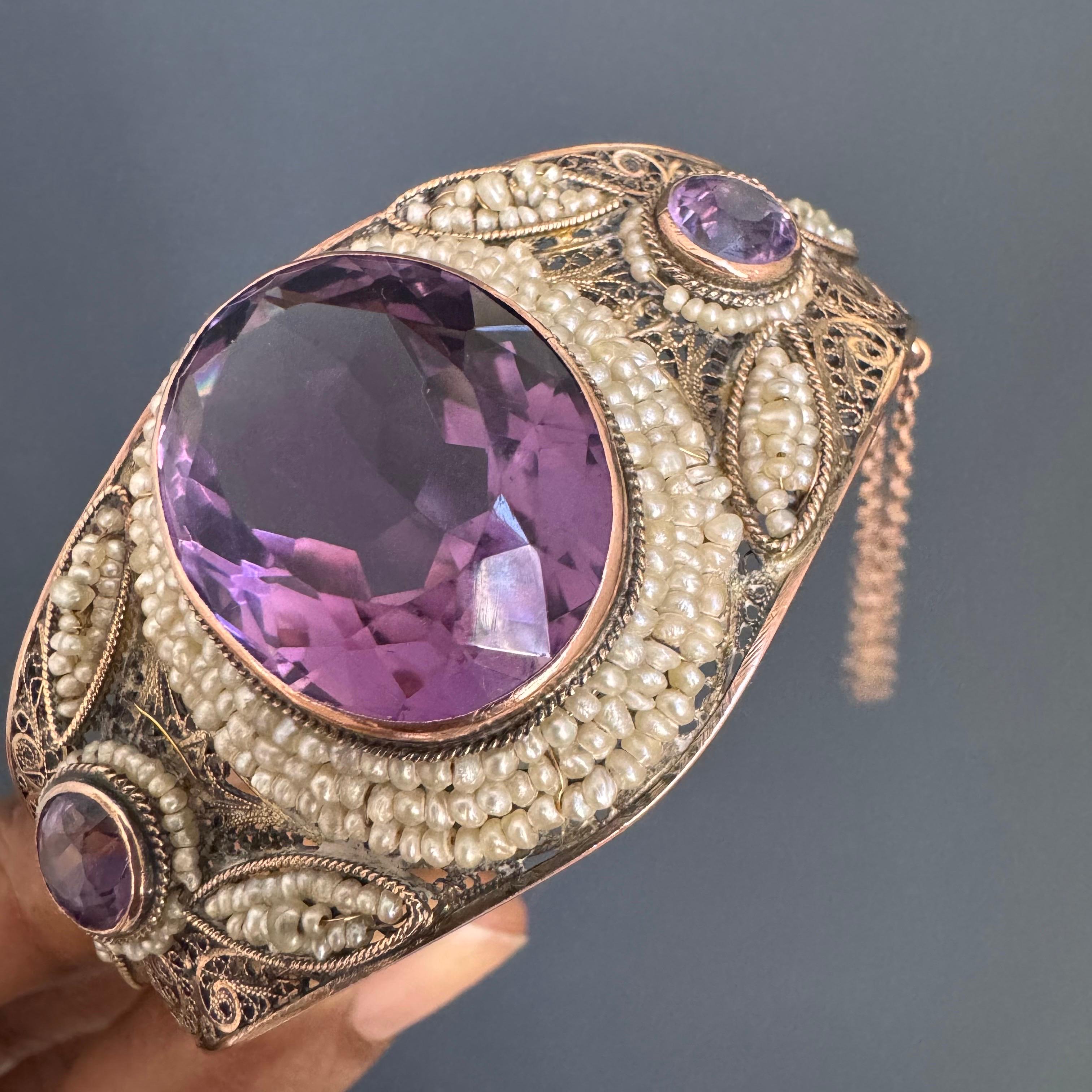 Art Deco 14kt Gold Seed Pearl Hinged Bangle Bracelet with Amethyst For Sale 9