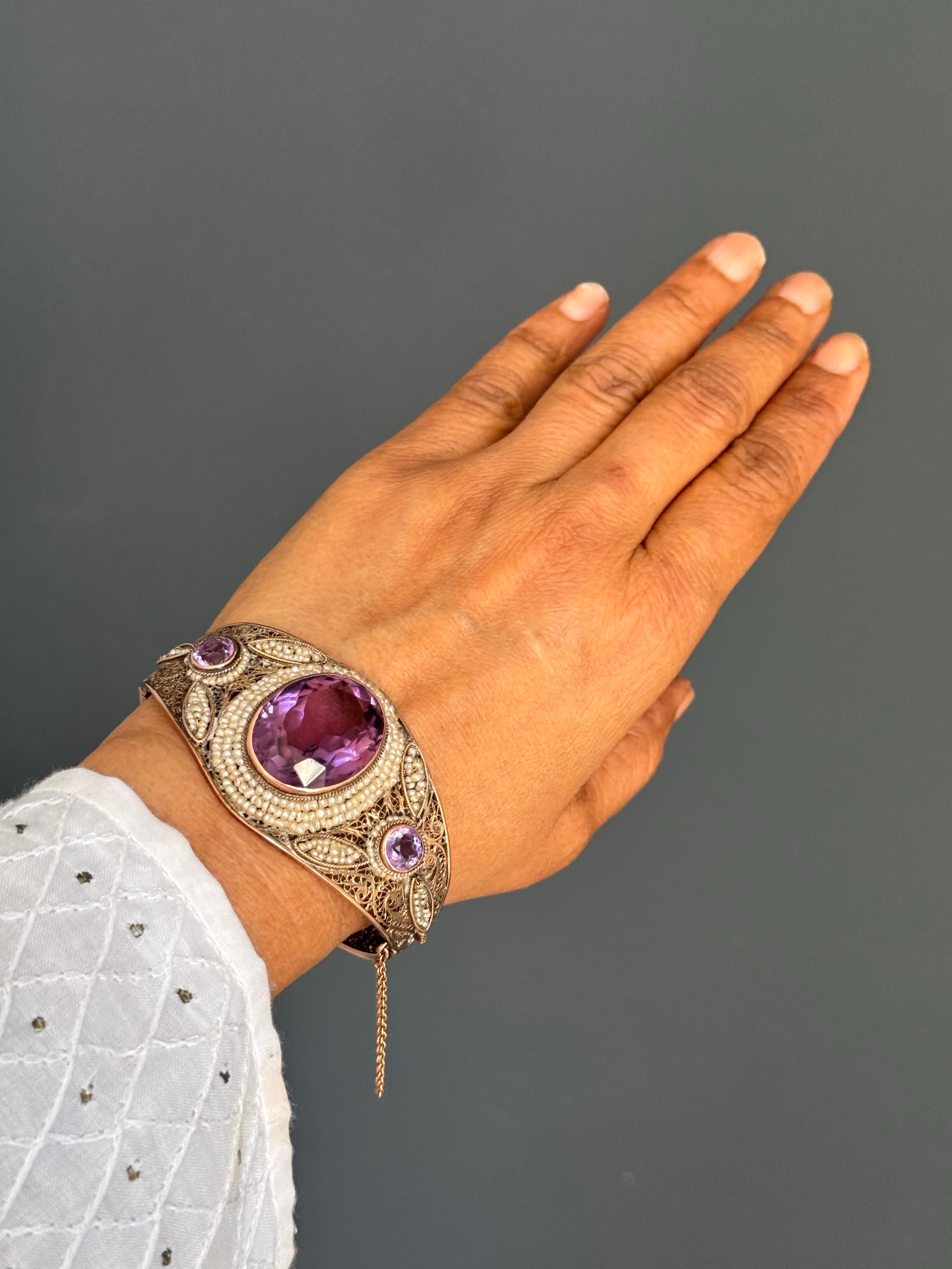 Women's Art Deco 14kt Gold Seed Pearl Hinged Bangle Bracelet with Amethyst For Sale