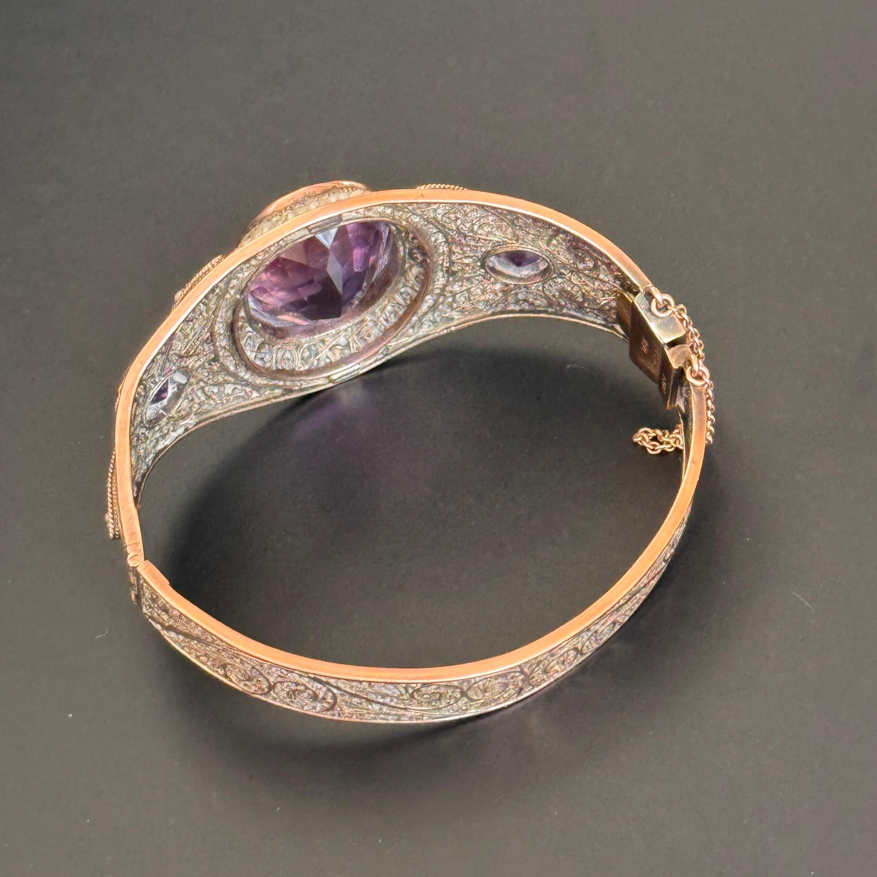 Art Deco 14kt Gold Seed Pearl Hinged Bangle Bracelet with Amethyst For Sale 4