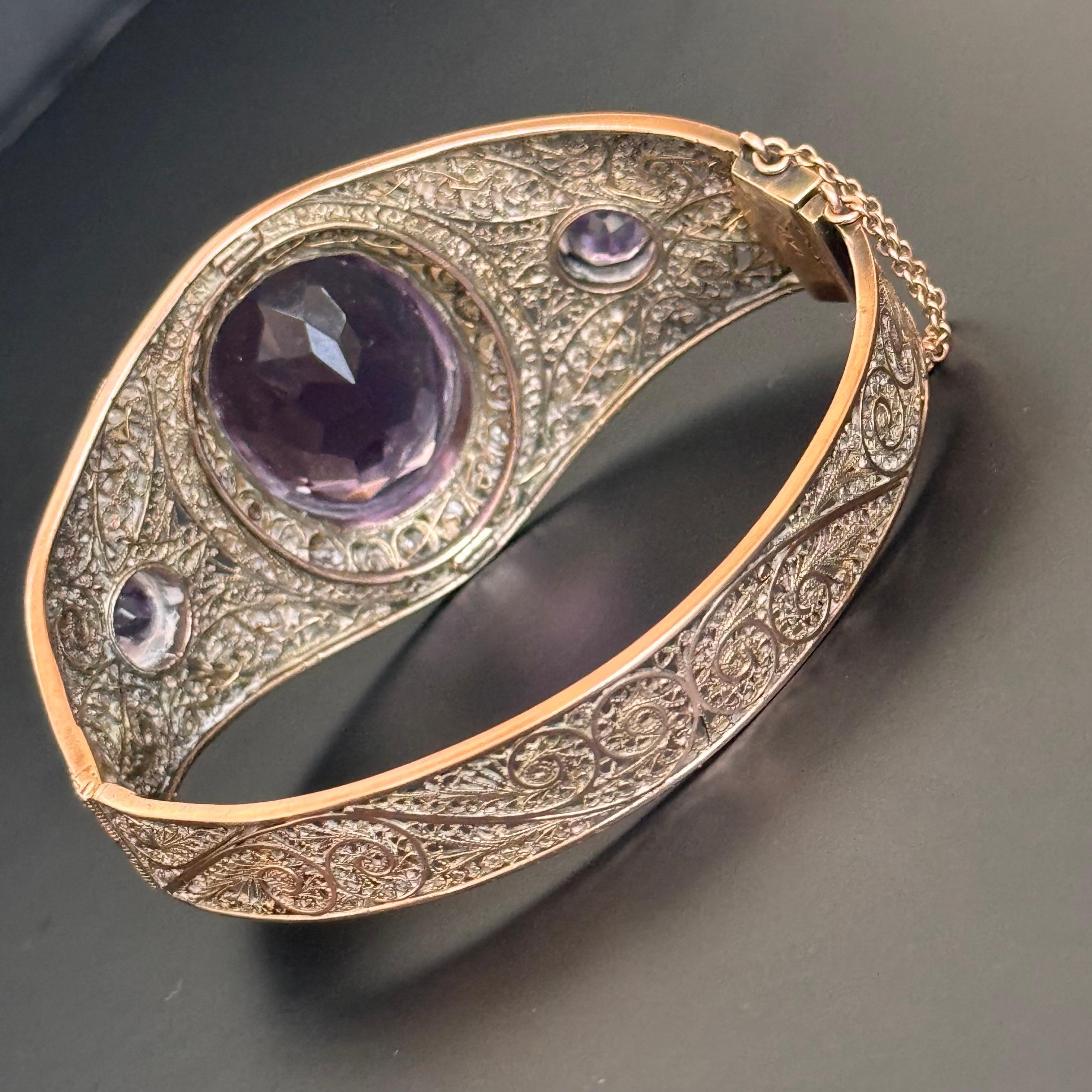 Art Deco 14kt Gold Seed Pearl Hinged Bangle Bracelet with Amethyst For Sale 5