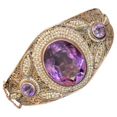 Bracelet jonc à charnières Art déco en or 14 carats avec perles naturelles et améthystes