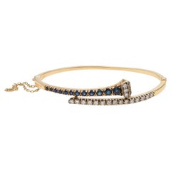 Art Deco 14kt Sapphire + Diamond Square Head Nail Hinged Bangle Bracelet