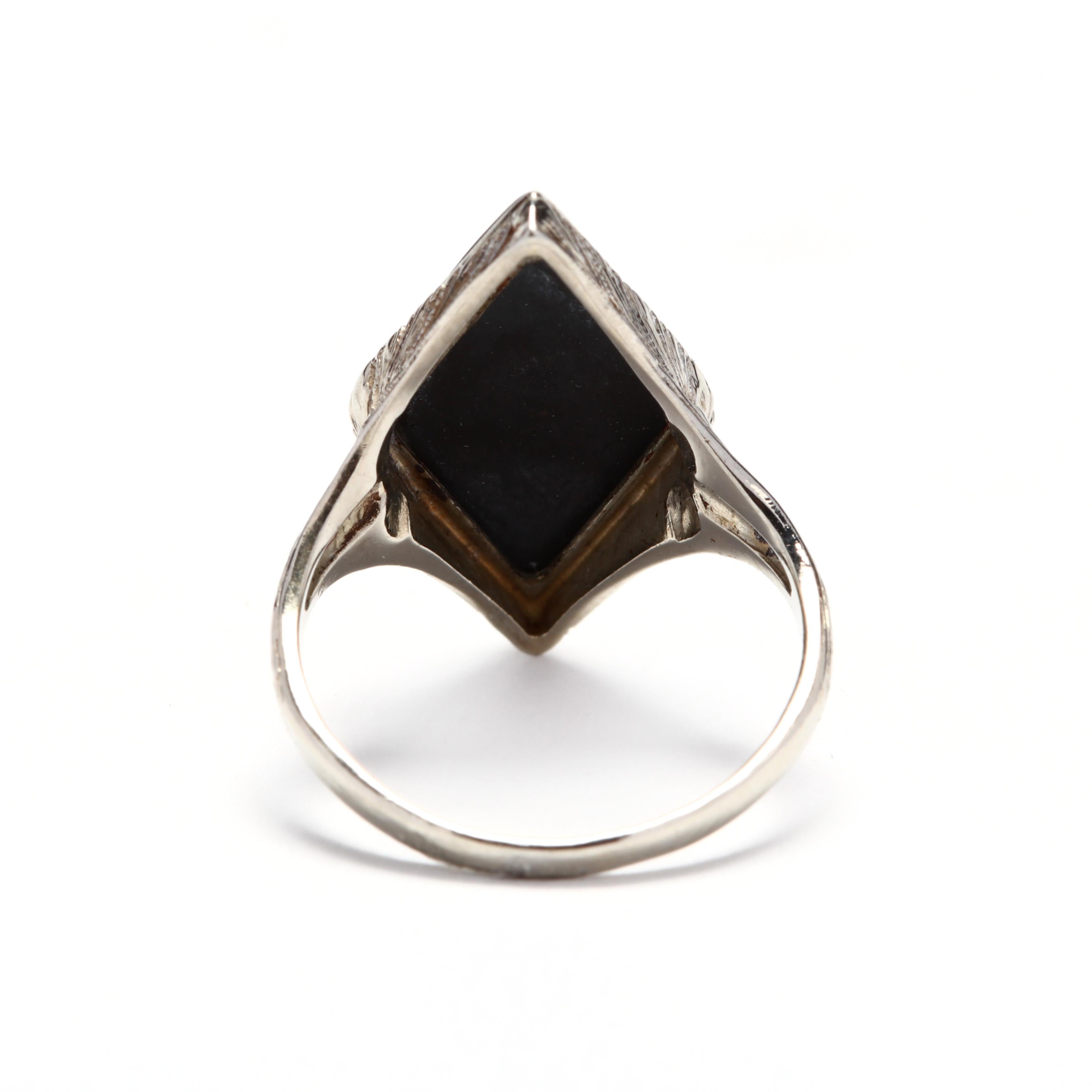 Marquise Cut Art Deco 14 Karat White Gold Black Onyx Ring