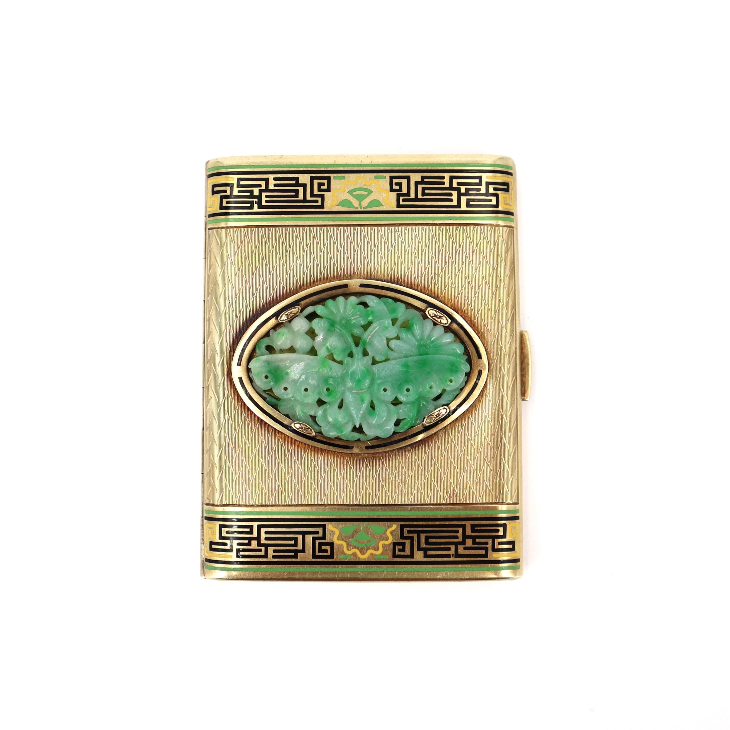 Art Deco 14kt yellow Gold Box with Jade and Enamel For Sale 6