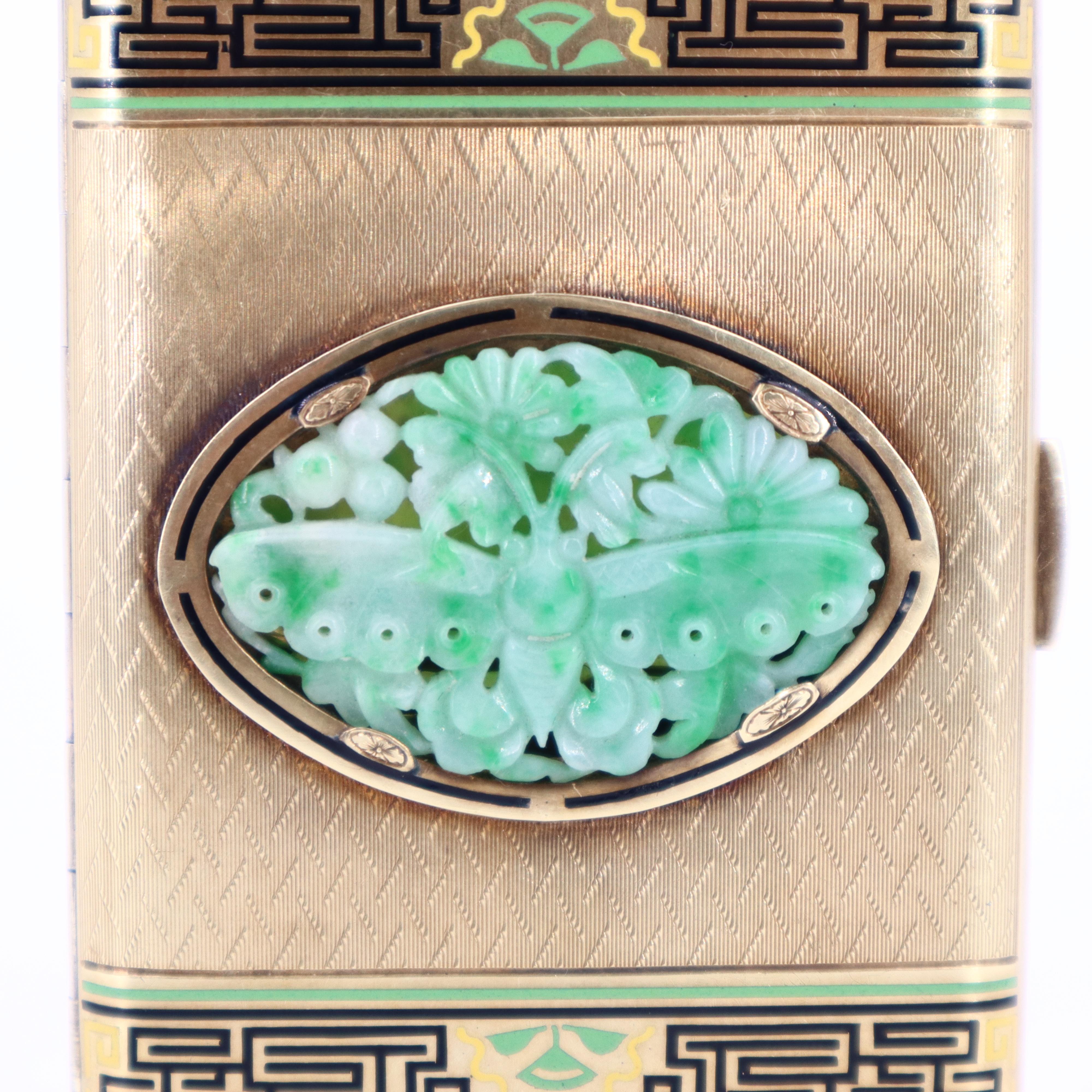 Art Deco 14kt yellow Gold Box with Jade and Enamel For Sale 8