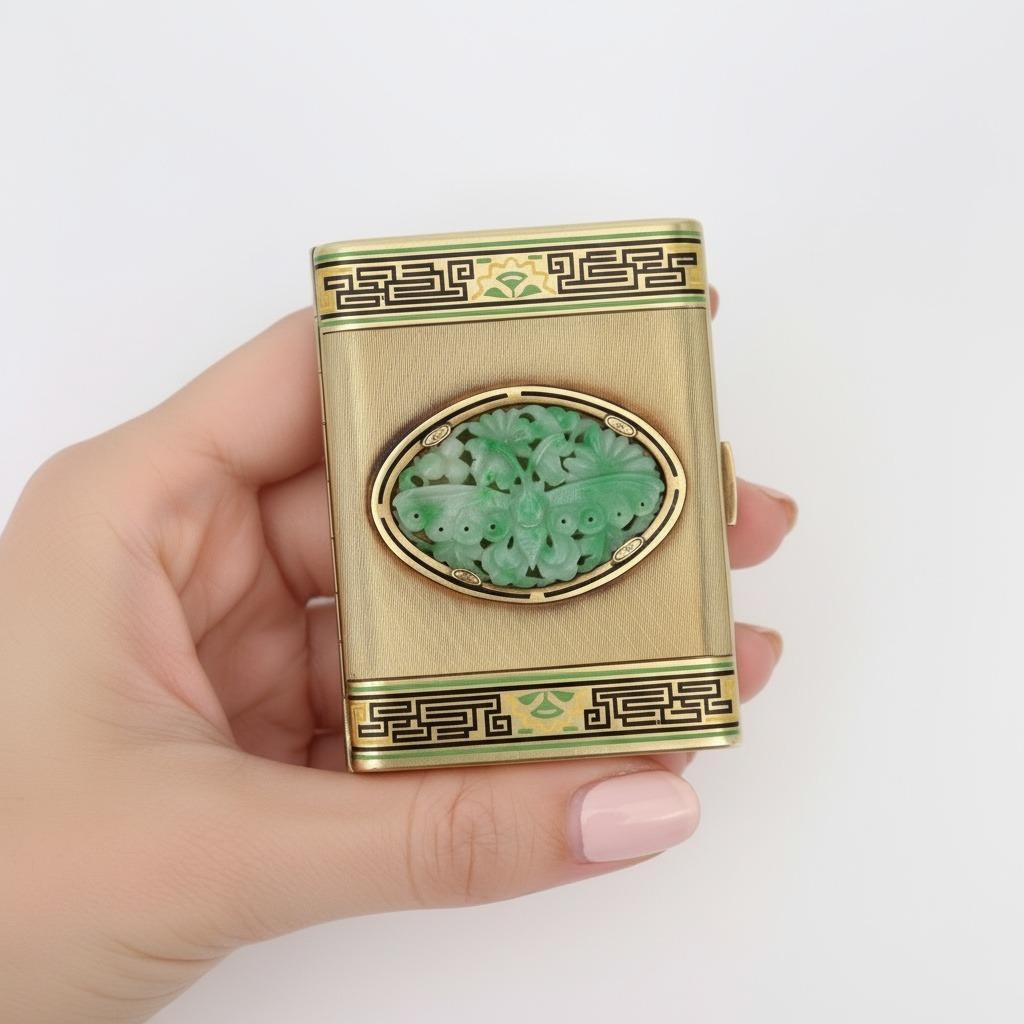 Circa 1920s, this exquisite Art Deco card holder box is expertly crafted in 14kt yellow gold and adorned with vibrant applications of green, yellow, and black enamel. At the center, a beautifully carved translucent jade adds a touch of refined