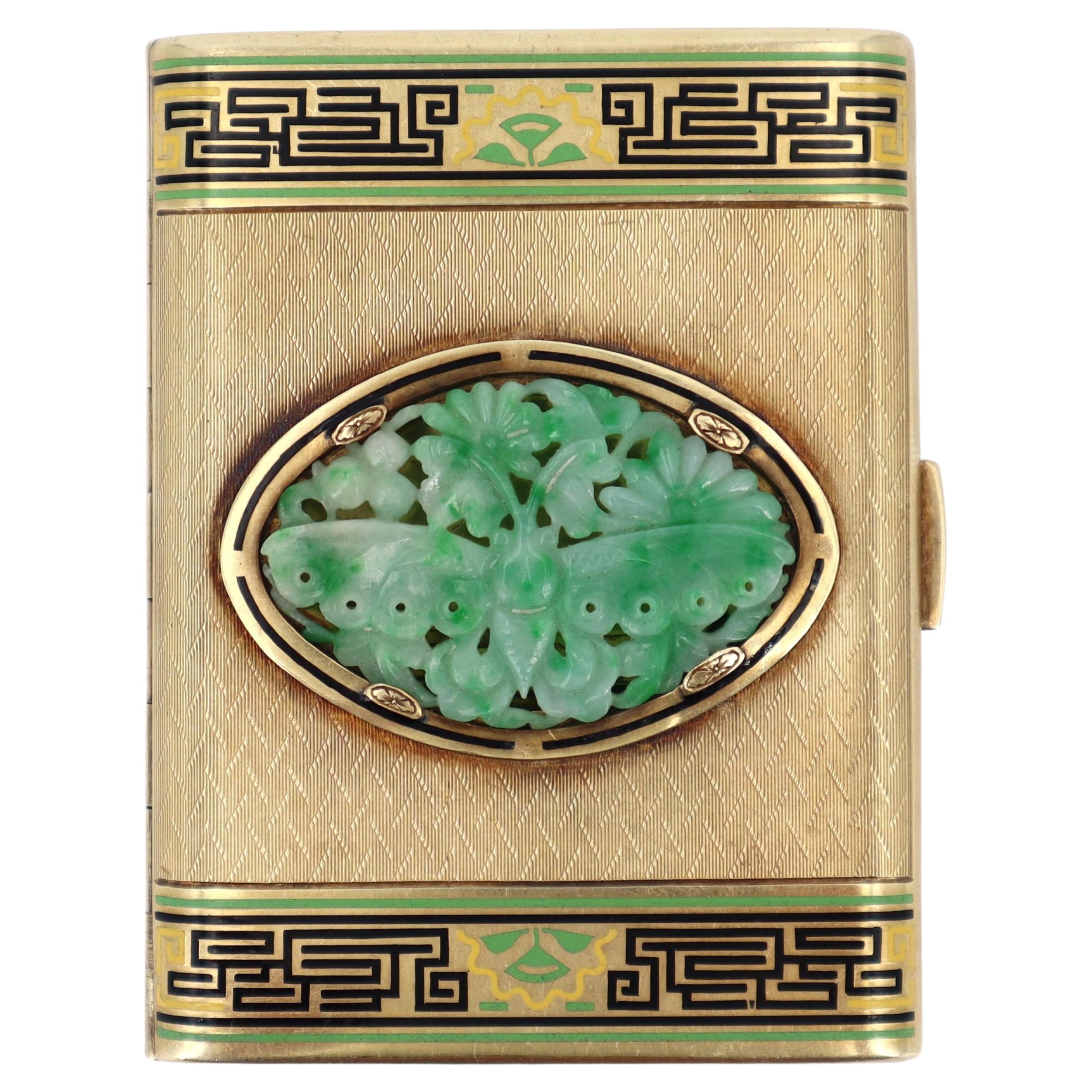 Art Deco 14kt yellow Gold Box with Jade and Enamel For Sale