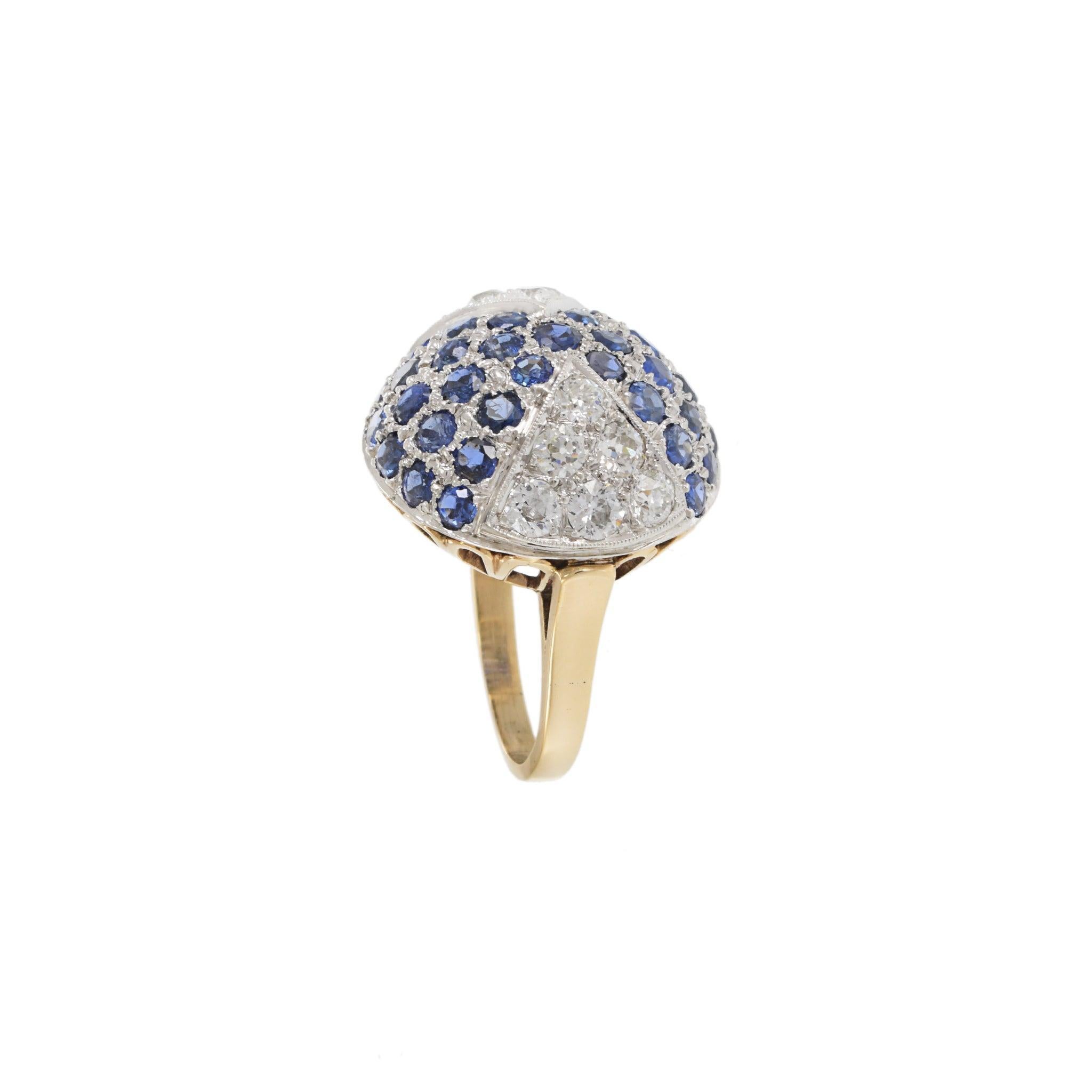 Round Cut Art Deco 14KT Yellow Gold & Platinum Sapphire and Diamond Dome Ring For Sale