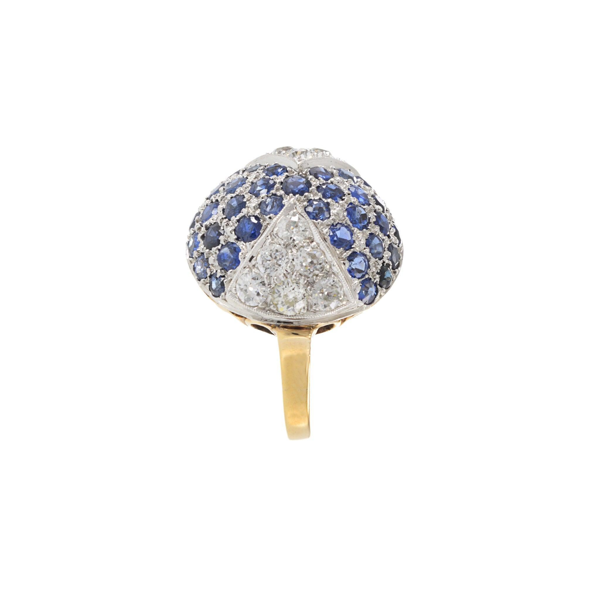 Art Deco 14KT Yellow Gold & Platinum Sapphire and Diamond Dome Ring In Good Condition For Sale In New York, NY
