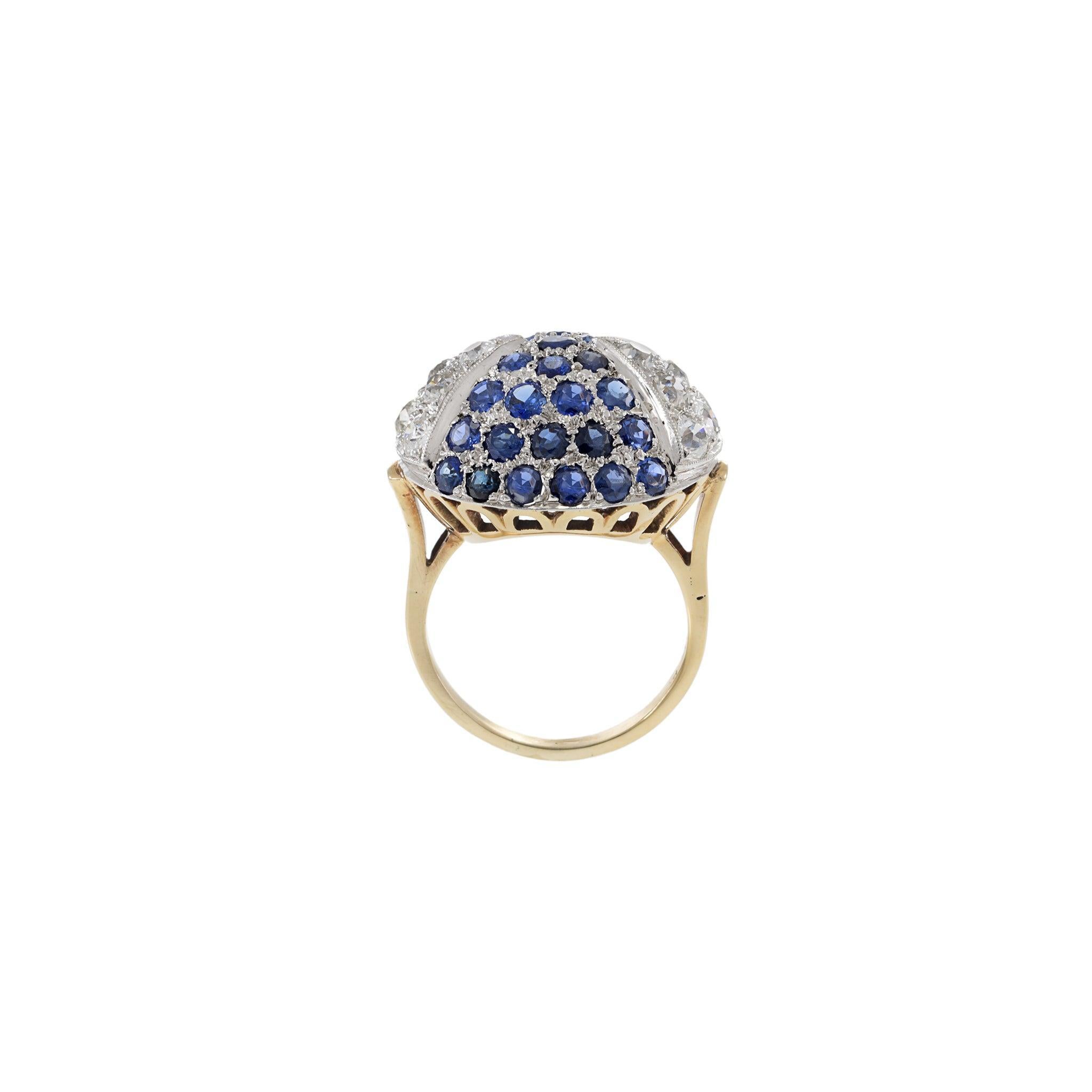 Women's Art Deco 14KT Yellow Gold & Platinum Sapphire and Diamond Dome Ring For Sale