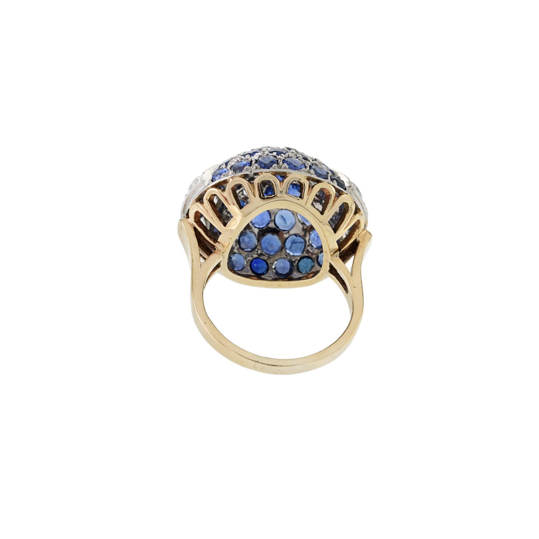 Art Deco 14KT Yellow Gold & Platinum Sapphire and Diamond Dome Ring For Sale 1
