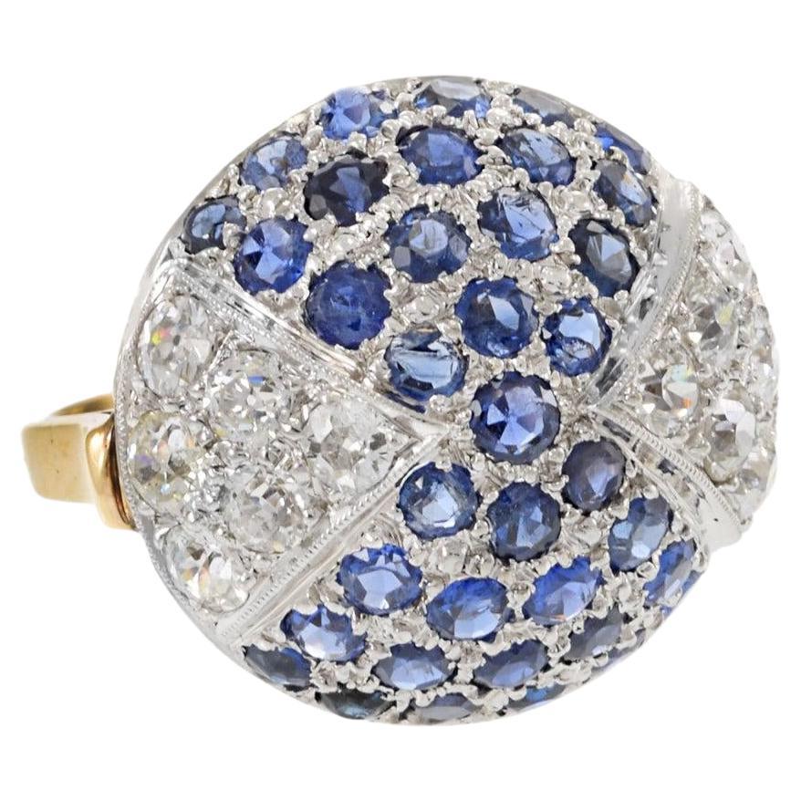 Art Deco 14KT Yellow Gold & Platinum Sapphire and Diamond Dome Ring For Sale