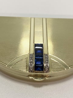 Art Deco 14 Karat Gold Sapphire and Diamond Half Moon French Powder Compact