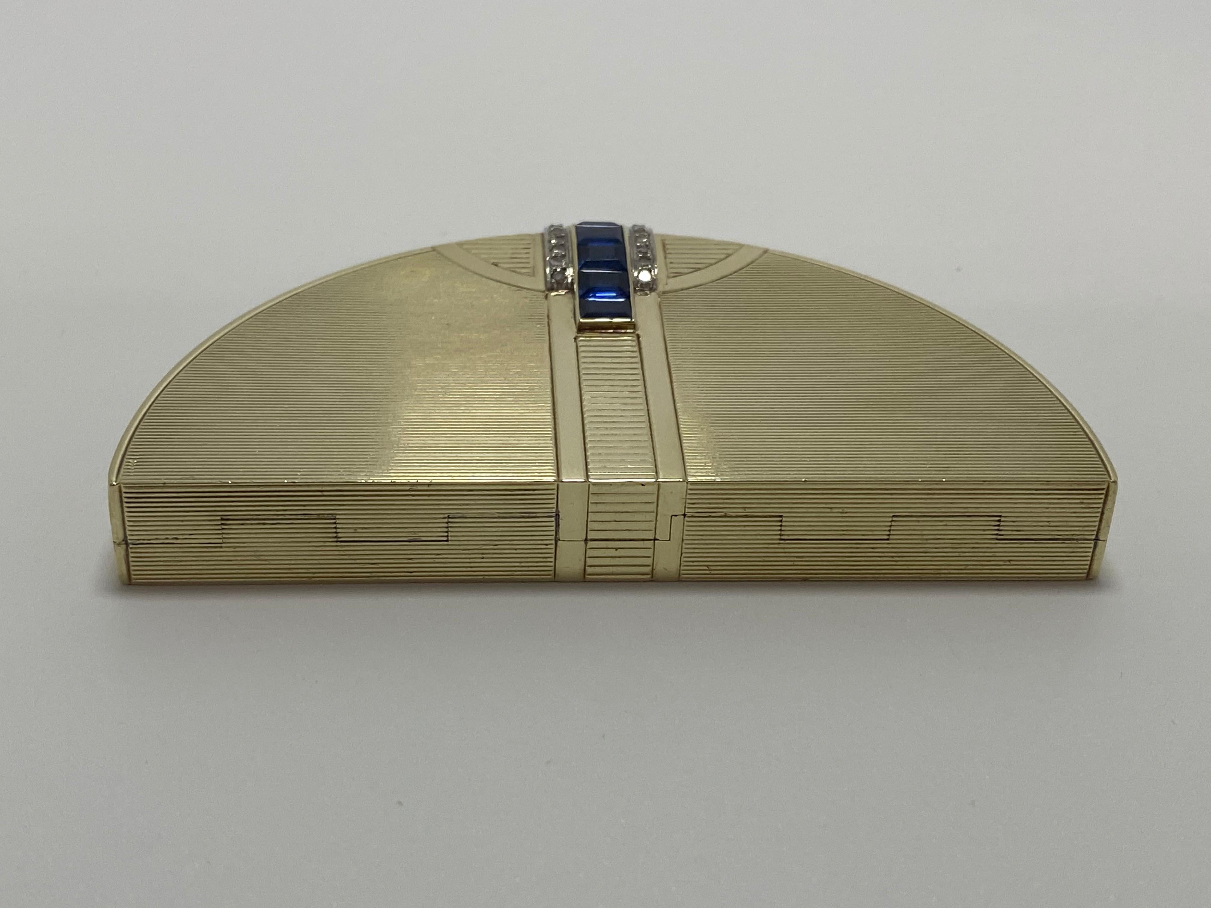 Art Deco 14 Karat Gold Sapphire and Diamond Half Moon French Powder Compact  In Good Condition For Sale In San Diego, CA