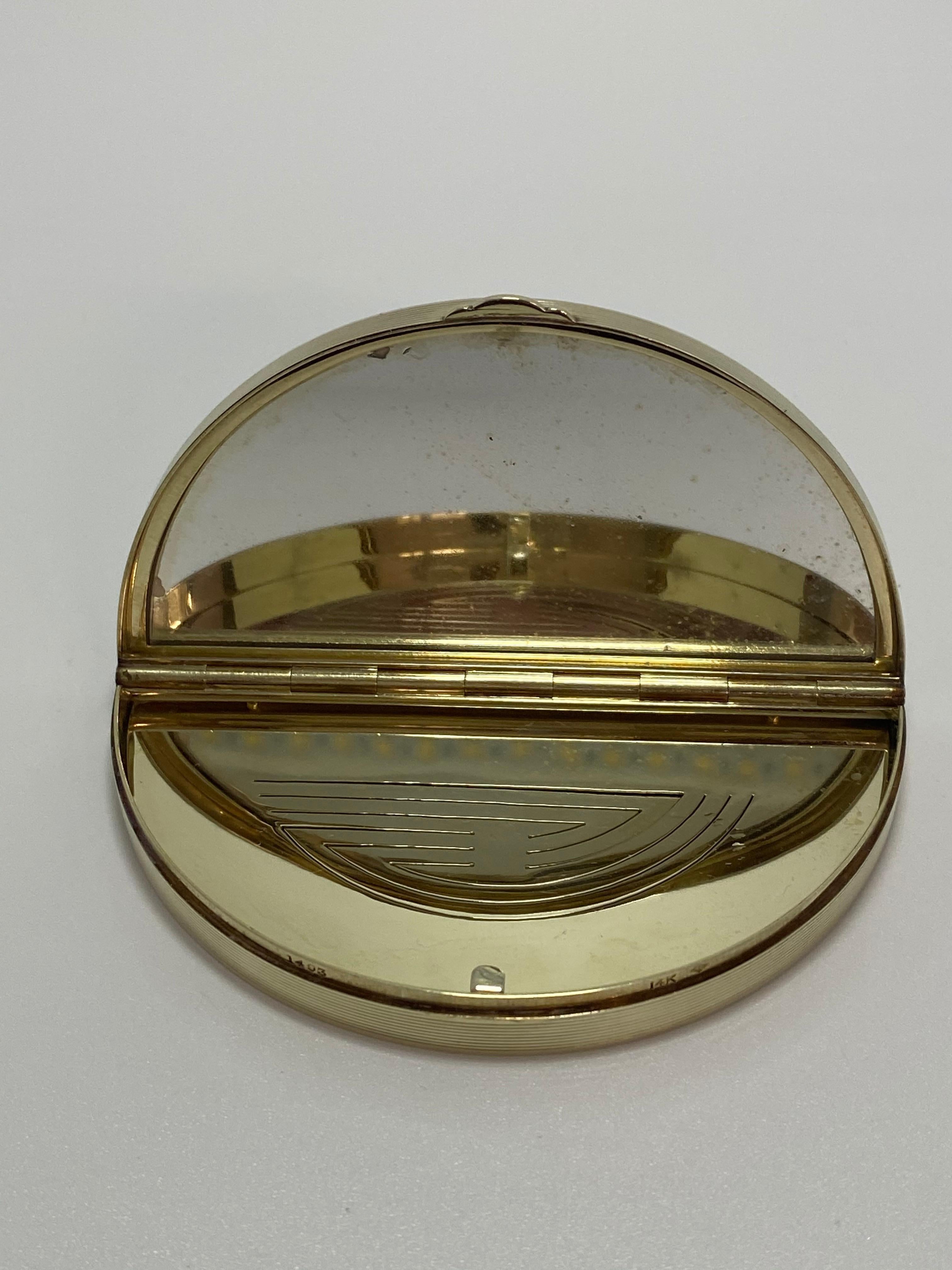 Women's or Men's Art Deco 14 Karat Gold Sapphire and Diamond Half Moon French Powder Compact  For Sale