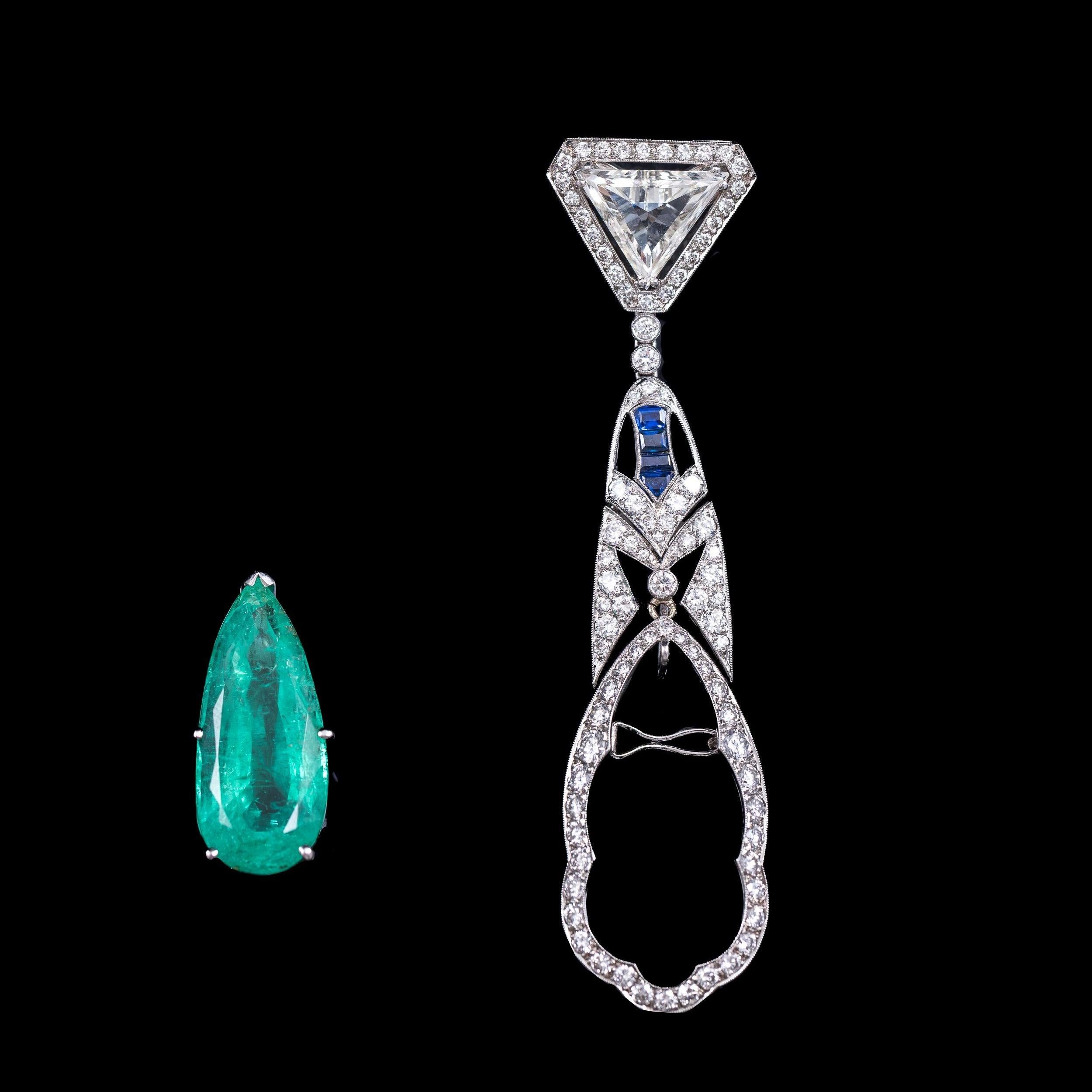 Art Deco 15 Carat Colombian Emerald Sapphire Diamond Pendant Necklace Platinum For Sale 8