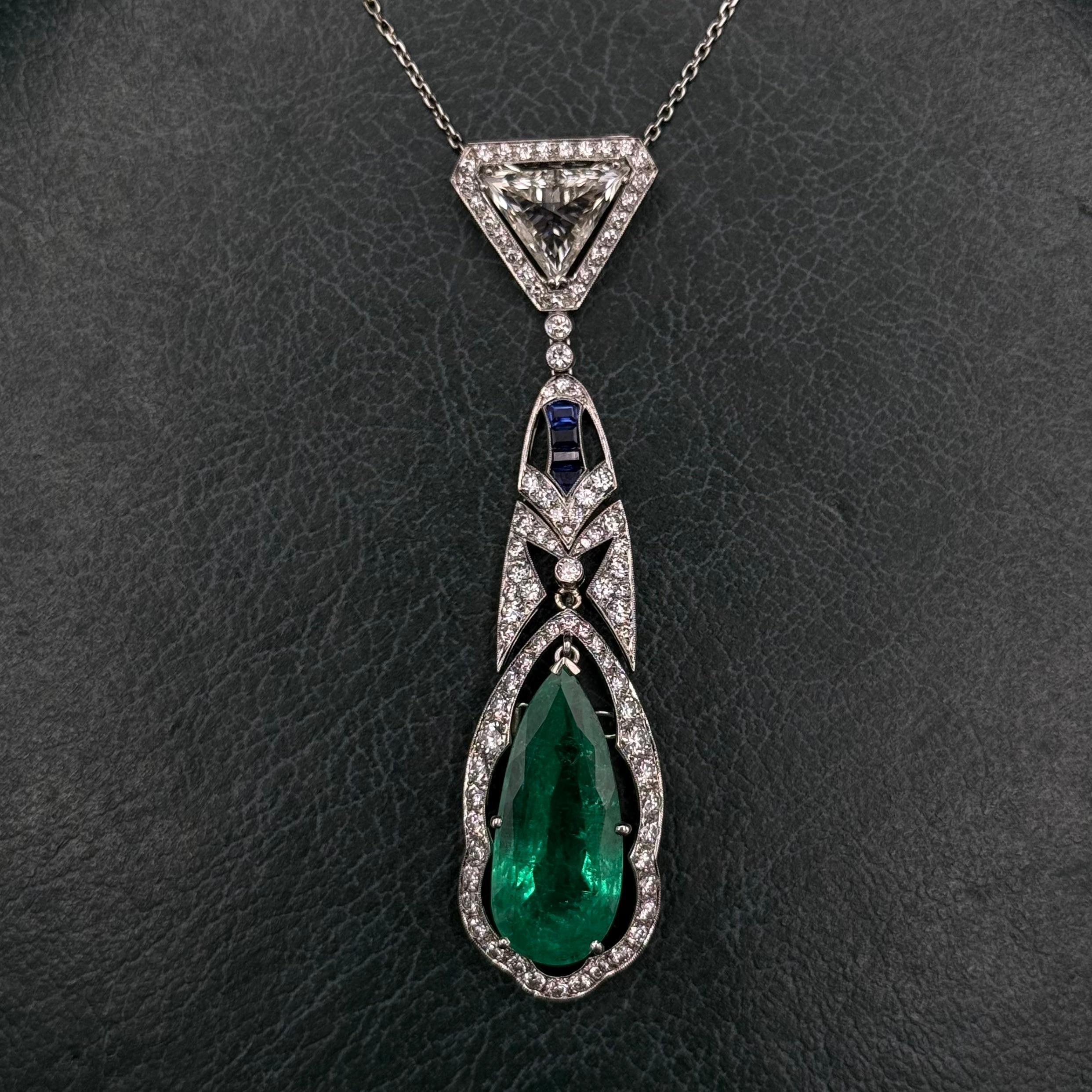 Pear Cut Art Deco 15 Carat Colombian Emerald Sapphire Diamond Pendant Necklace Platinum For Sale
