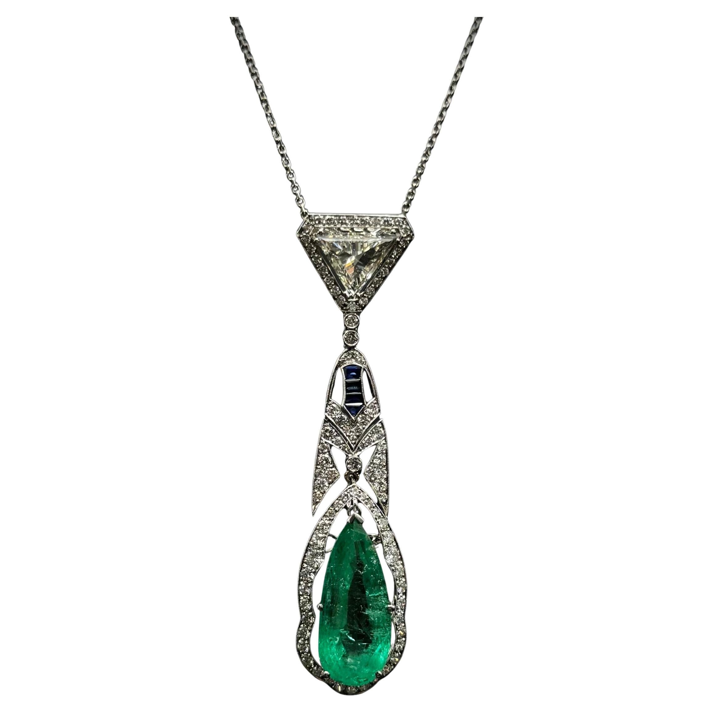 Art Deco 15 Carat Colombian Emerald Sapphire Diamond Pendant Necklace Platinum