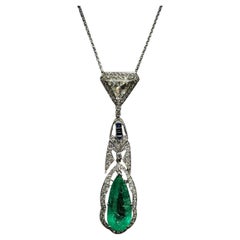 Art Deco 15 Carat Colombian Emerald Sapphire Diamond Pendant Necklace Platinum