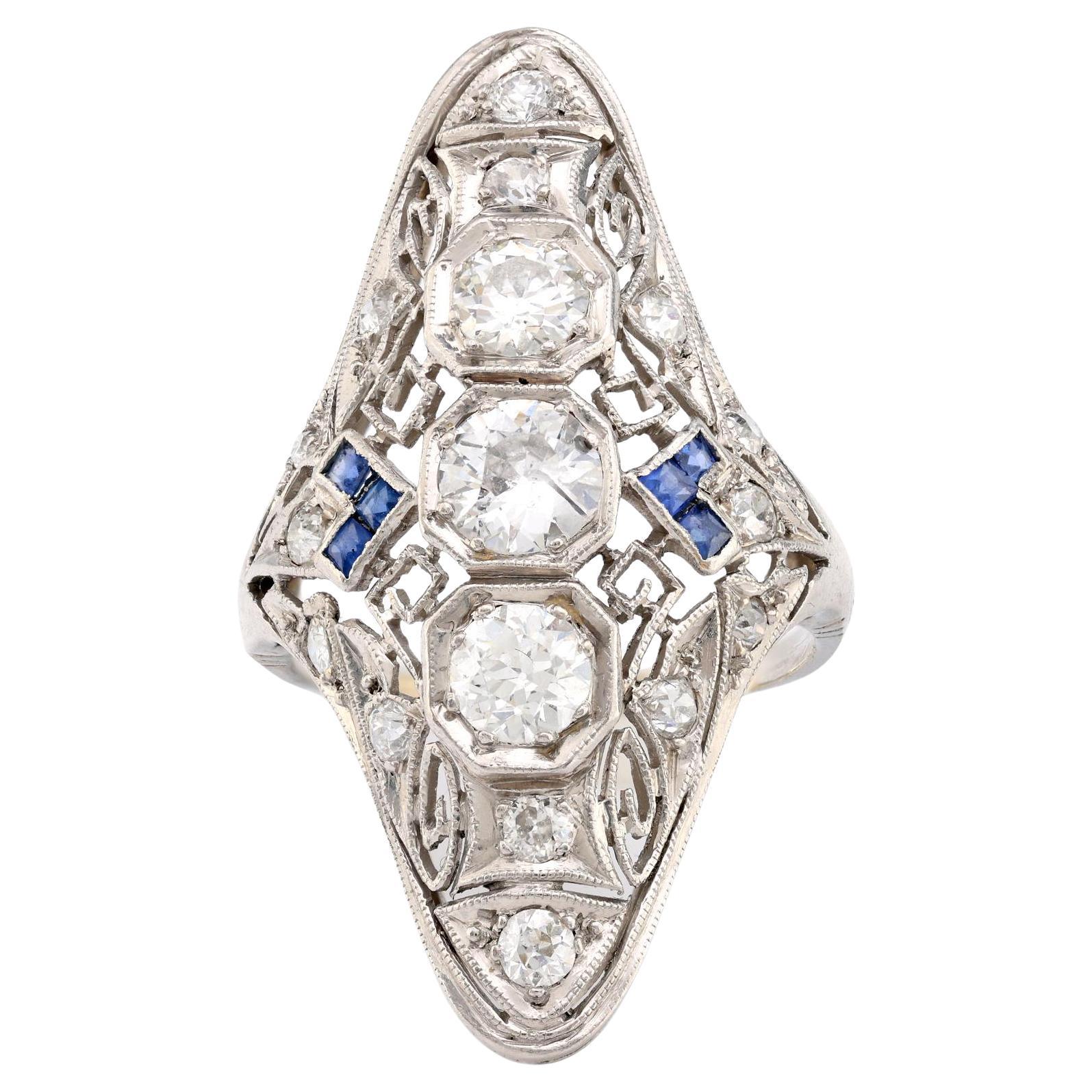 Art Deco 1.5 carat total weight diamond sapphire platinum Navette ring