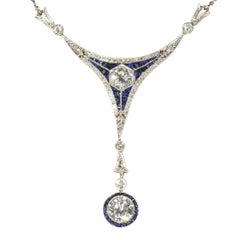 Art Deco 1.50 Carat Diamond and Sapphire 18 Karat Yellow Gold Pendant Necklace