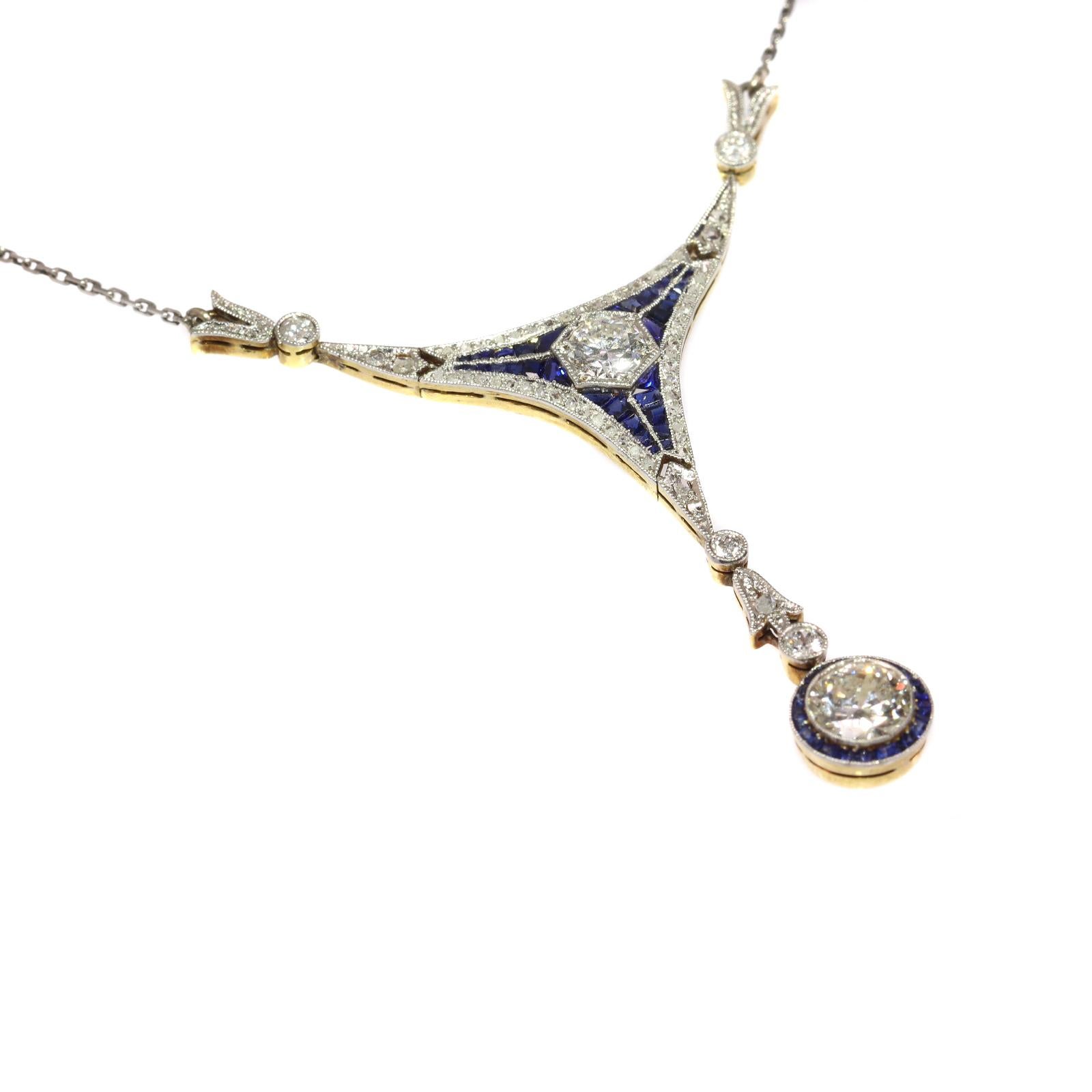 Women's Art Deco 1.50 Carat Diamond and Sapphire 18 Karat Yellow Gold Pendant Necklace For Sale