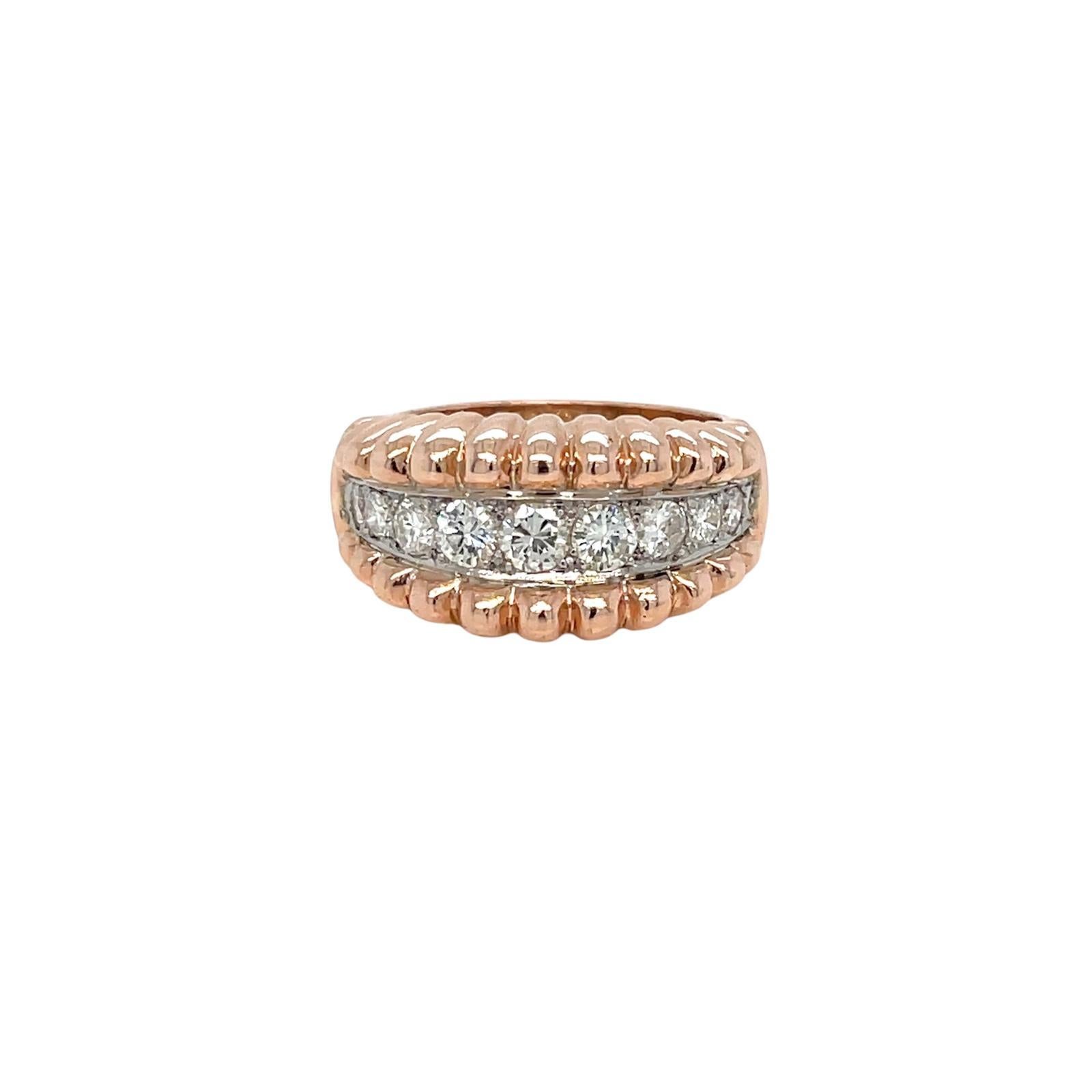 A fine vintage 1.50 carat diamonds 18 karat rose gold dress ring.
The Sparkling European cut Diamonds line setting are graded G color Vs clarity.
Circa 1940

CONDITION: Pre-owned - Excellent
METAL: 18k Rose Gold
GEM STONE: Diamond 1.00 carat
RING