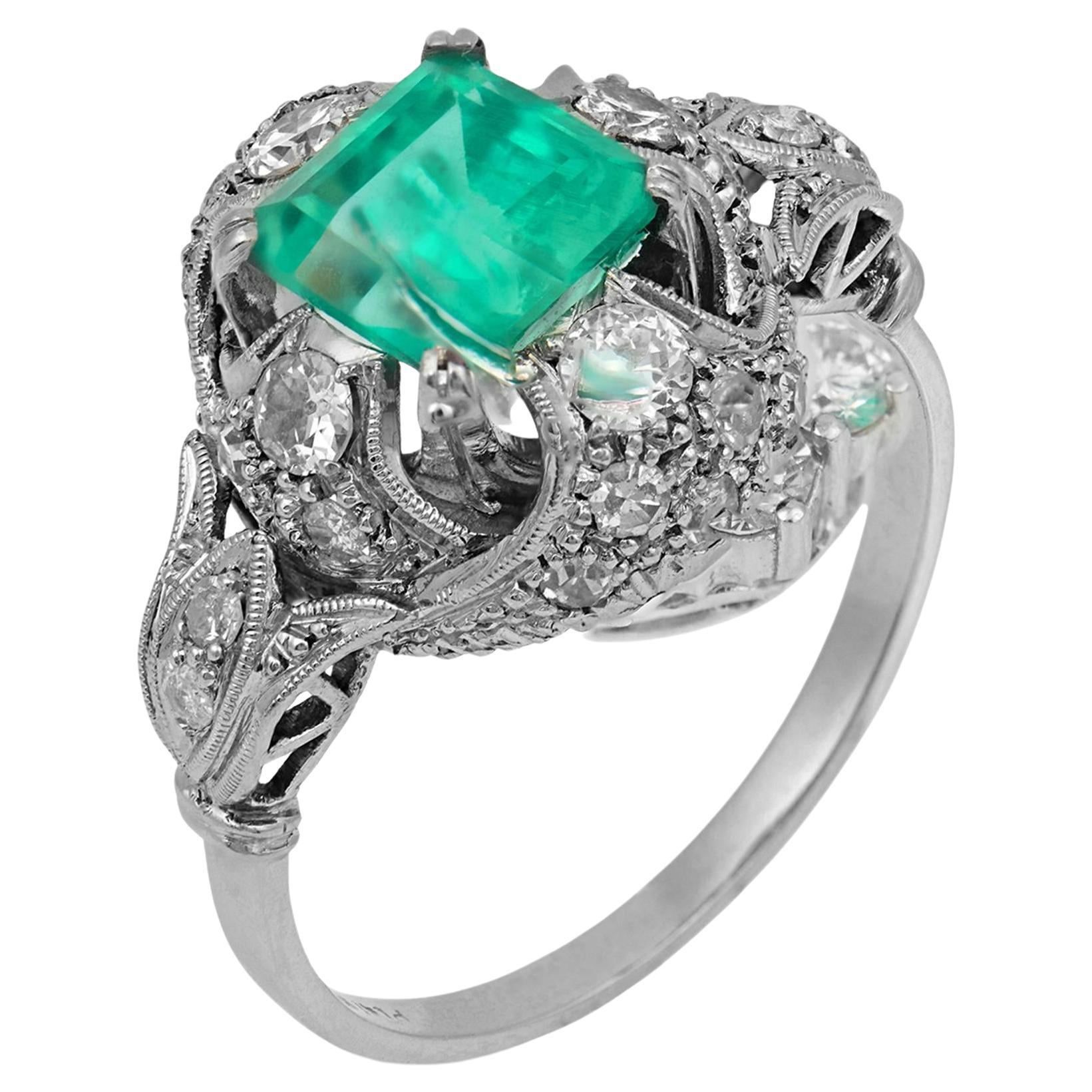Art Deco 1.50ct Emerald Diamond Platinum Ring, Circa 1930, Women's For Sale