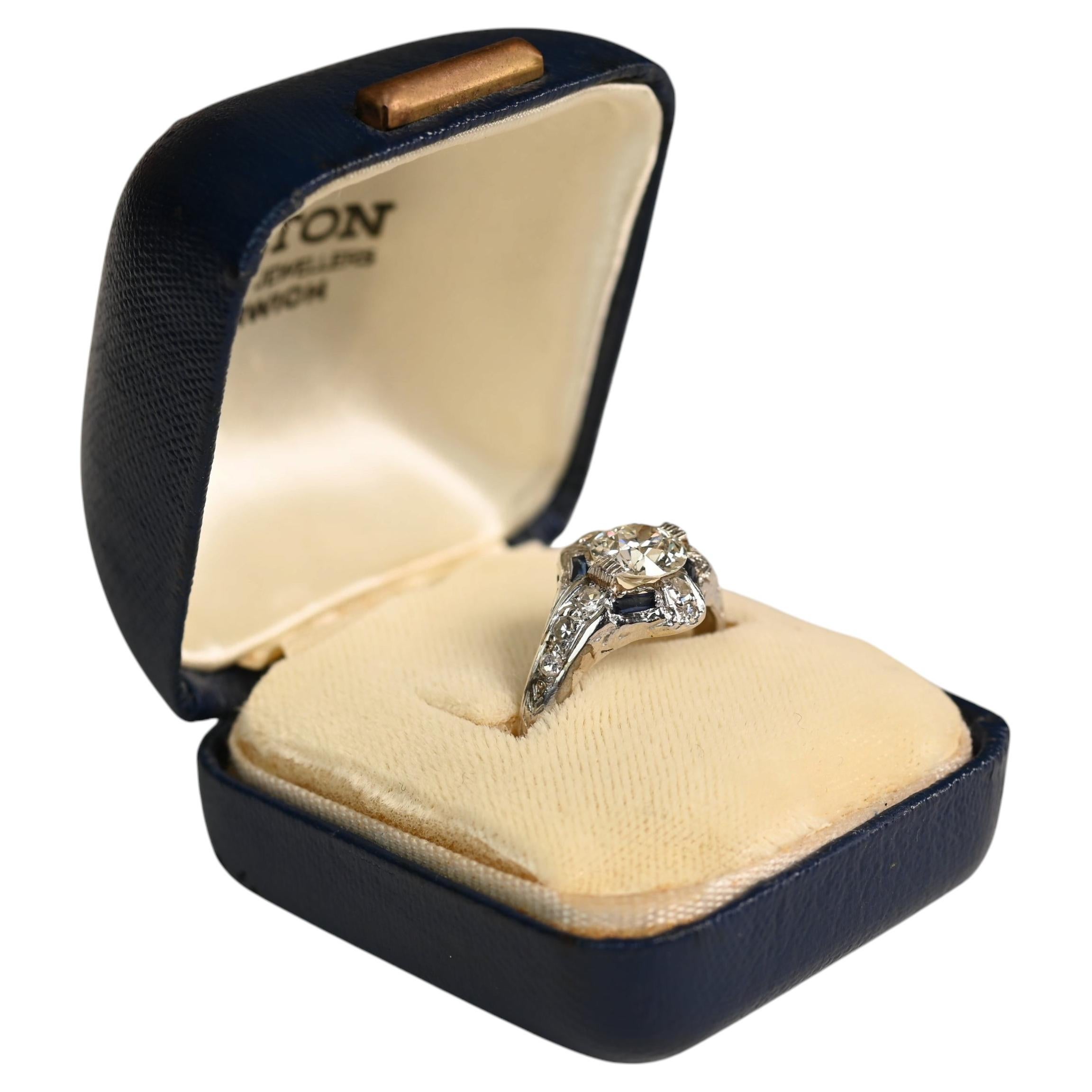 Art Deco 1.50 Carat Engagement Ring. GIA Old Euro Cut Diamond Sapphire Platinum