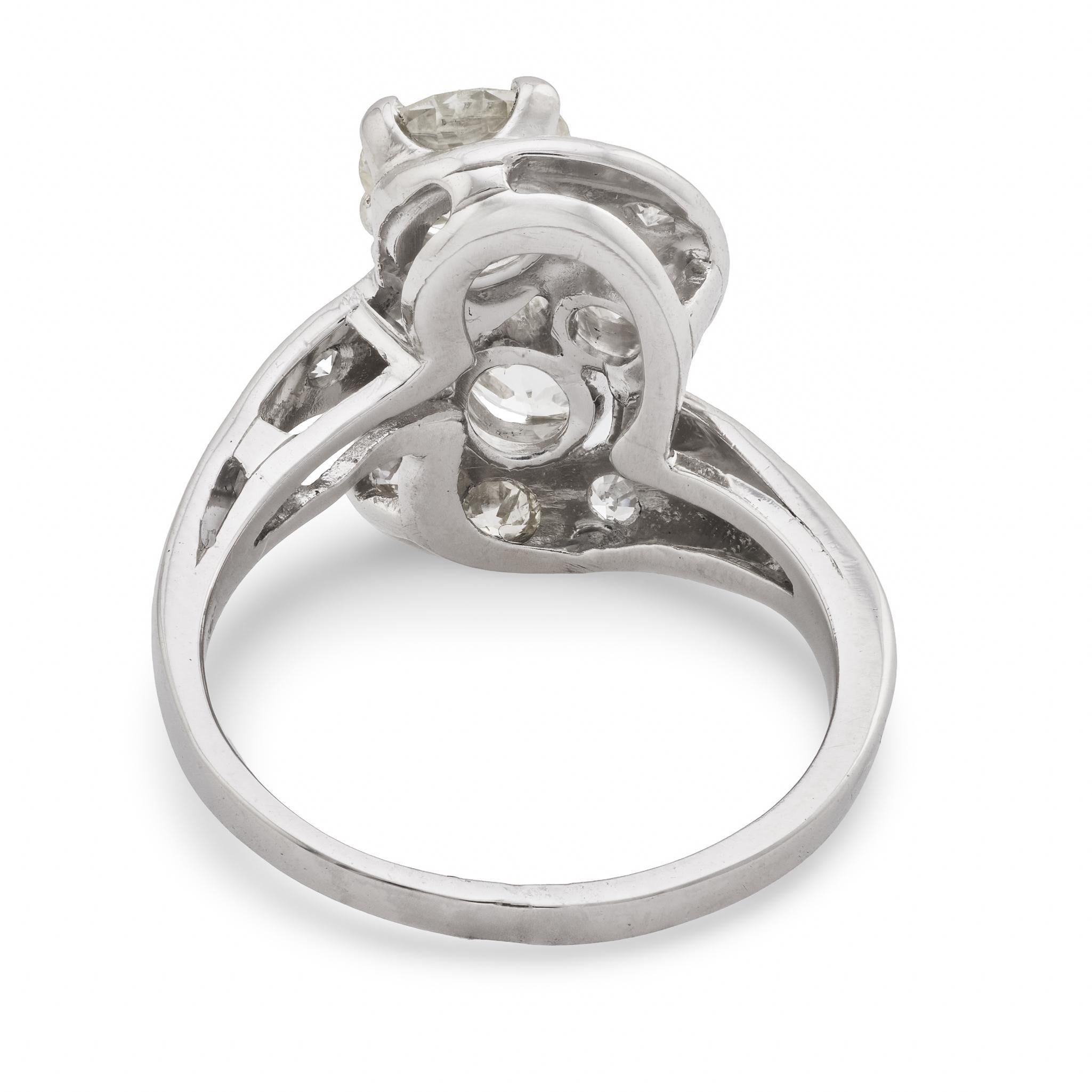 Bague art déco en platine avec diamant de taille européenne de 1,50 carat Pour femmes en vente