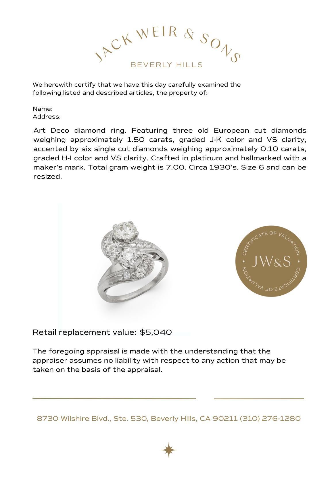 Bague art déco en platine avec diamant de taille européenne de 1,50 carat en vente 1