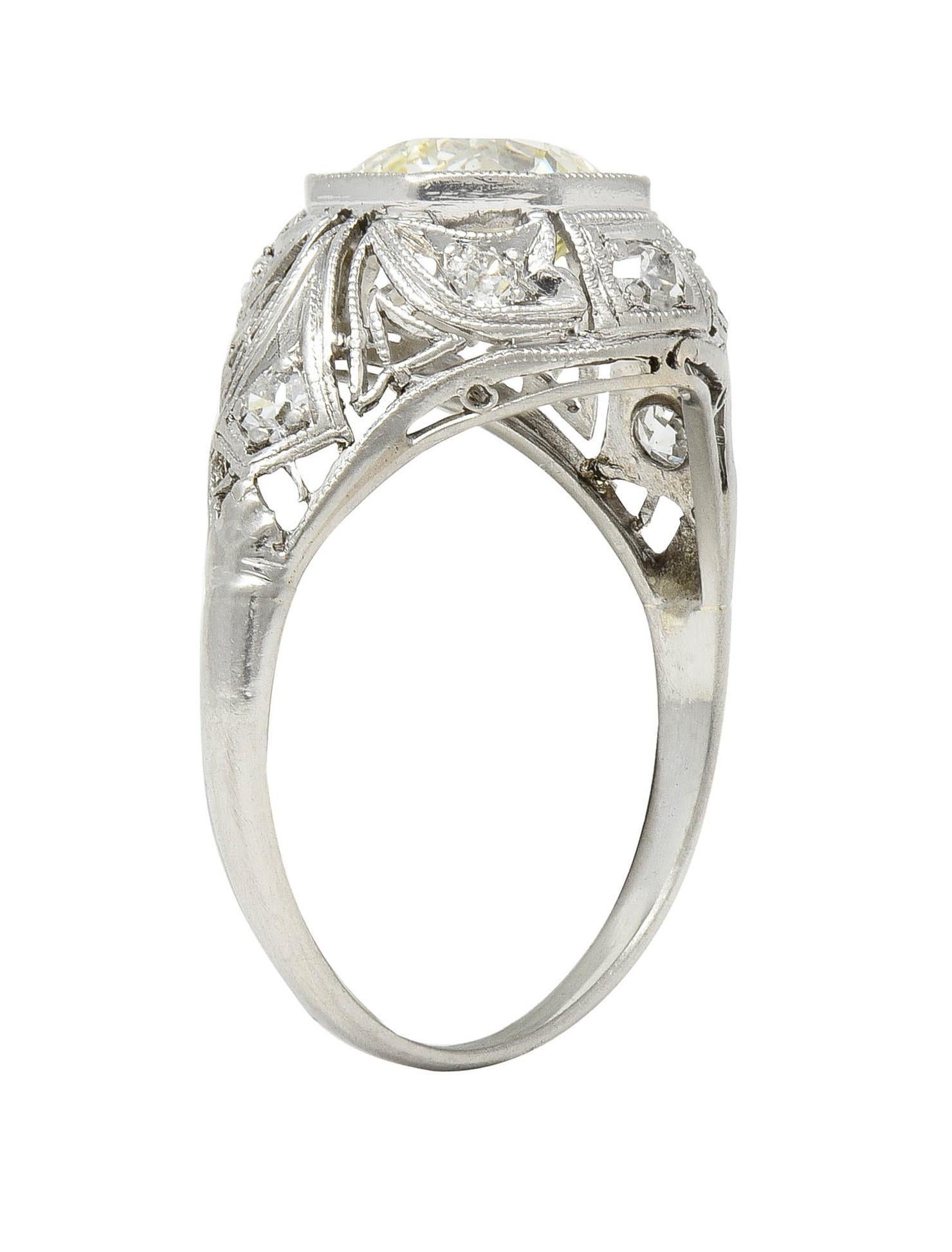 Art Deco 1.50 CTW Diamond Platinum Greek Key Ivy Vintage Engagement Ring In Excellent Condition In Philadelphia, PA