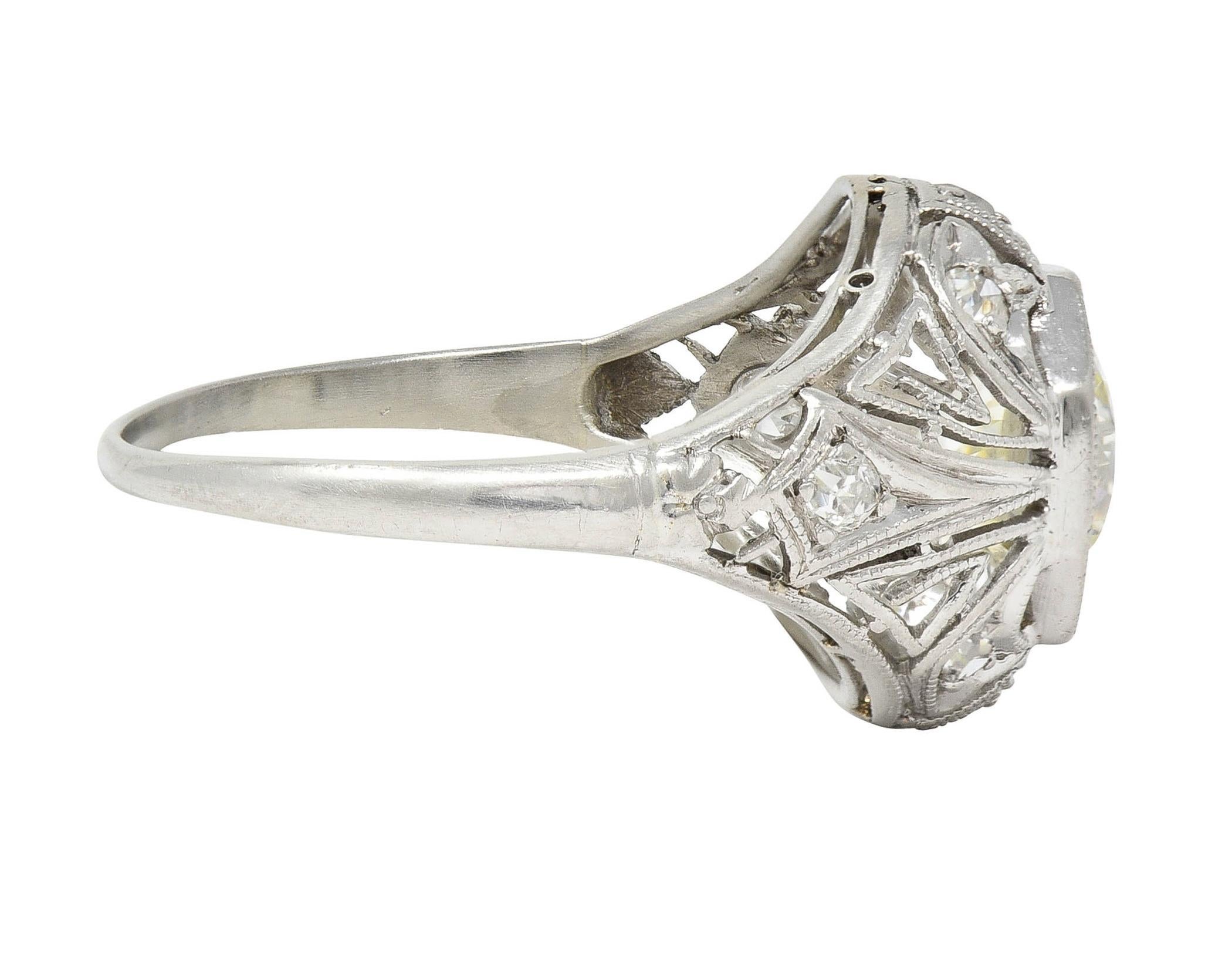 Women's or Men's Art Deco 1.50 CTW Diamond Platinum Greek Key Ivy Vintage Engagement Ring
