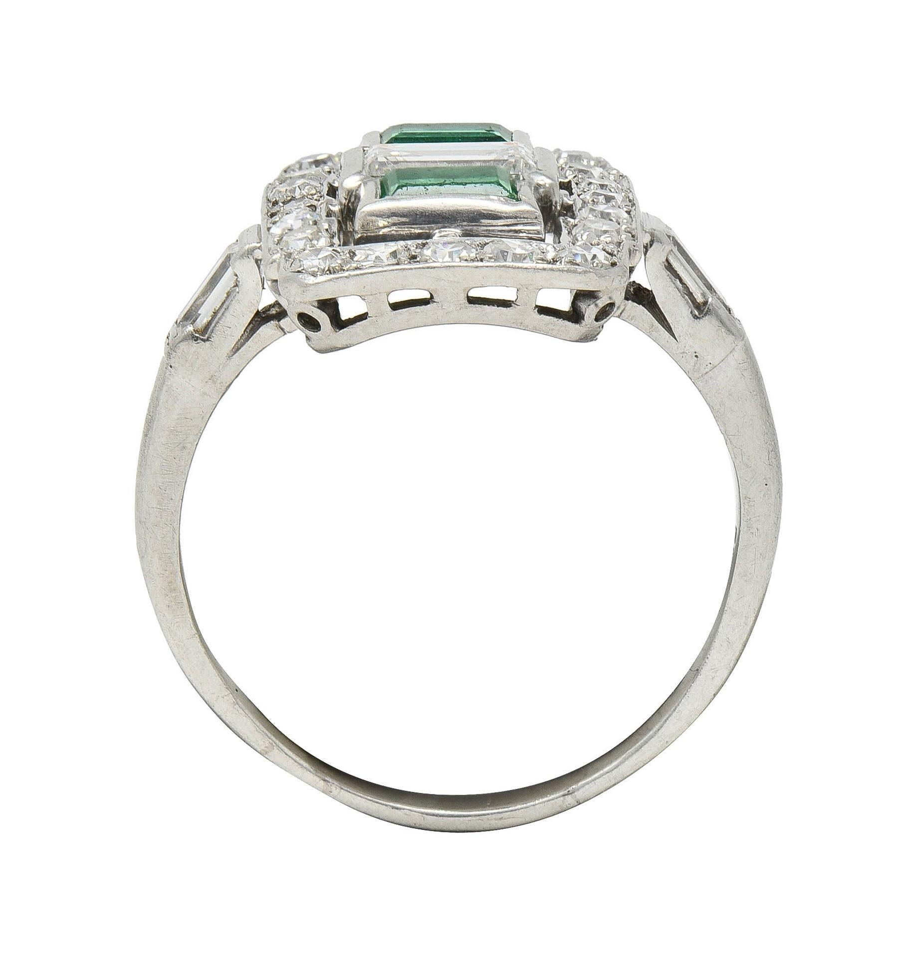 Art Deco 1.50 CTW Emerald Diamond Platinum Vintage Cluster Dinner Ring For Sale 6