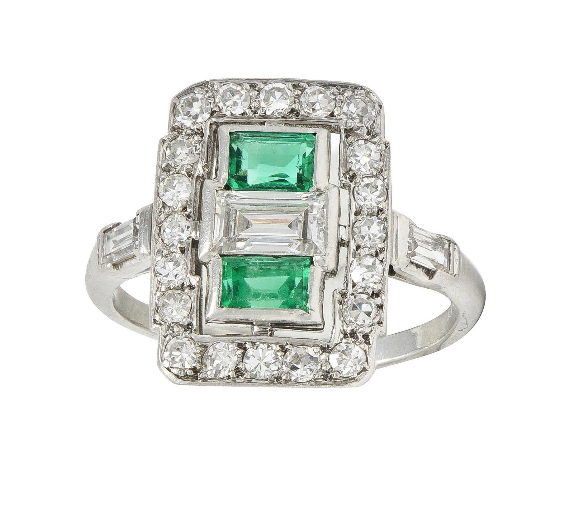 Art Deco 1.50 CTW Emerald Diamond Platinum Vintage Cluster Dinner Ring For Sale 7