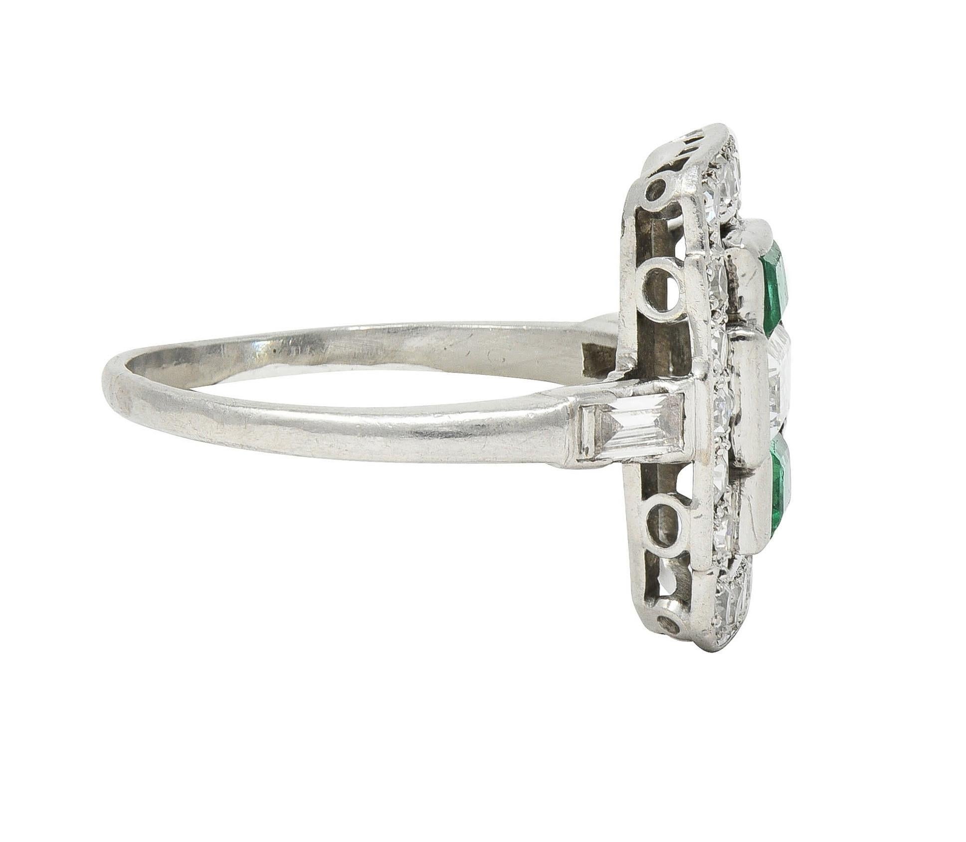 Art Deco 1.50 CTW Emerald Diamond Platinum Vintage Cluster Dinner Ring In Excellent Condition For Sale In Philadelphia, PA