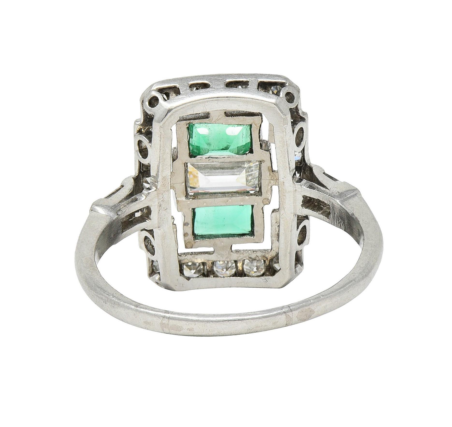 Women's or Men's Art Deco 1.50 CTW Emerald Diamond Platinum Vintage Cluster Dinner Ring For Sale