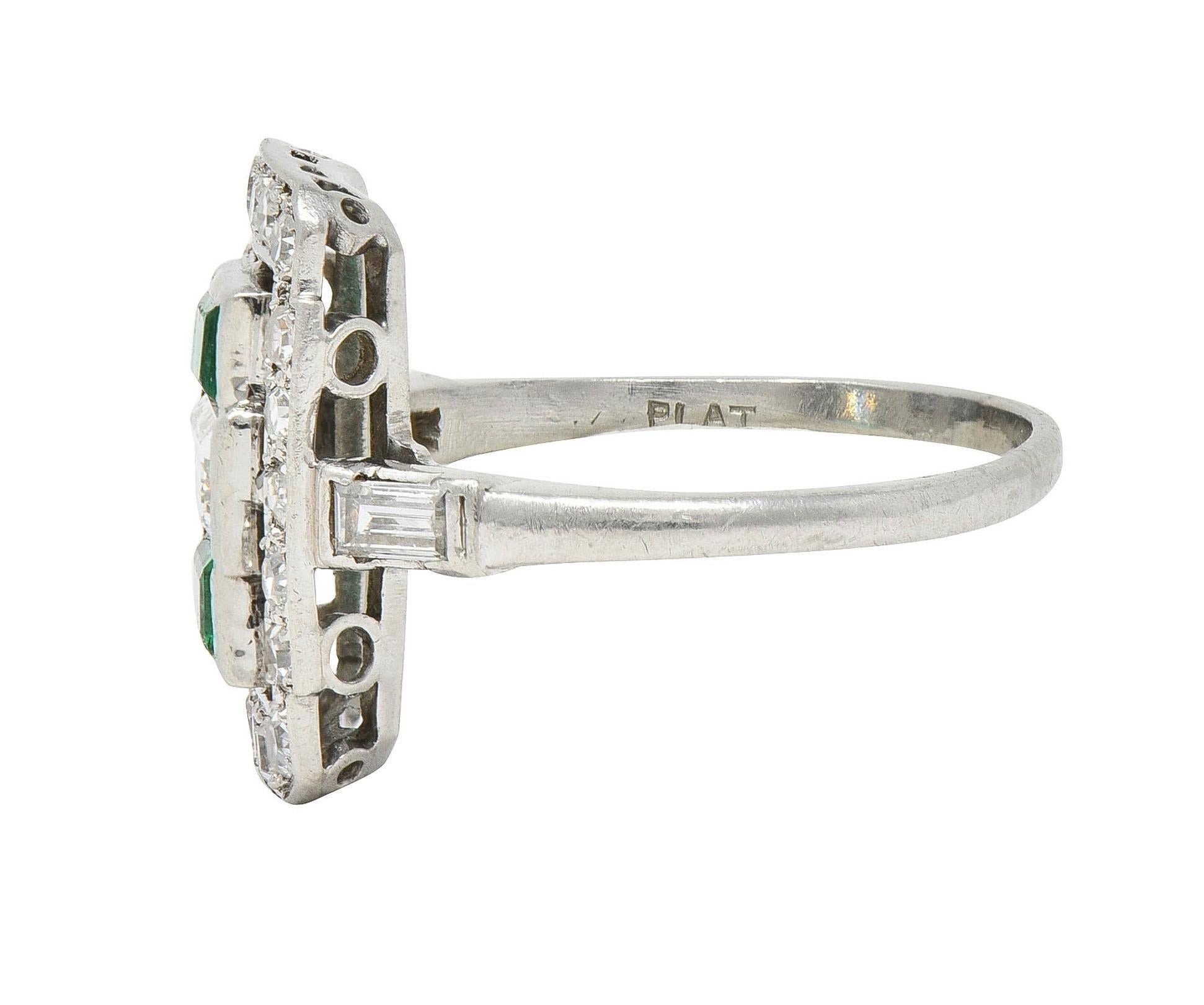 Art Deco 1.50 CTW Emerald Diamond Platinum Vintage Cluster Dinner Ring For Sale 1