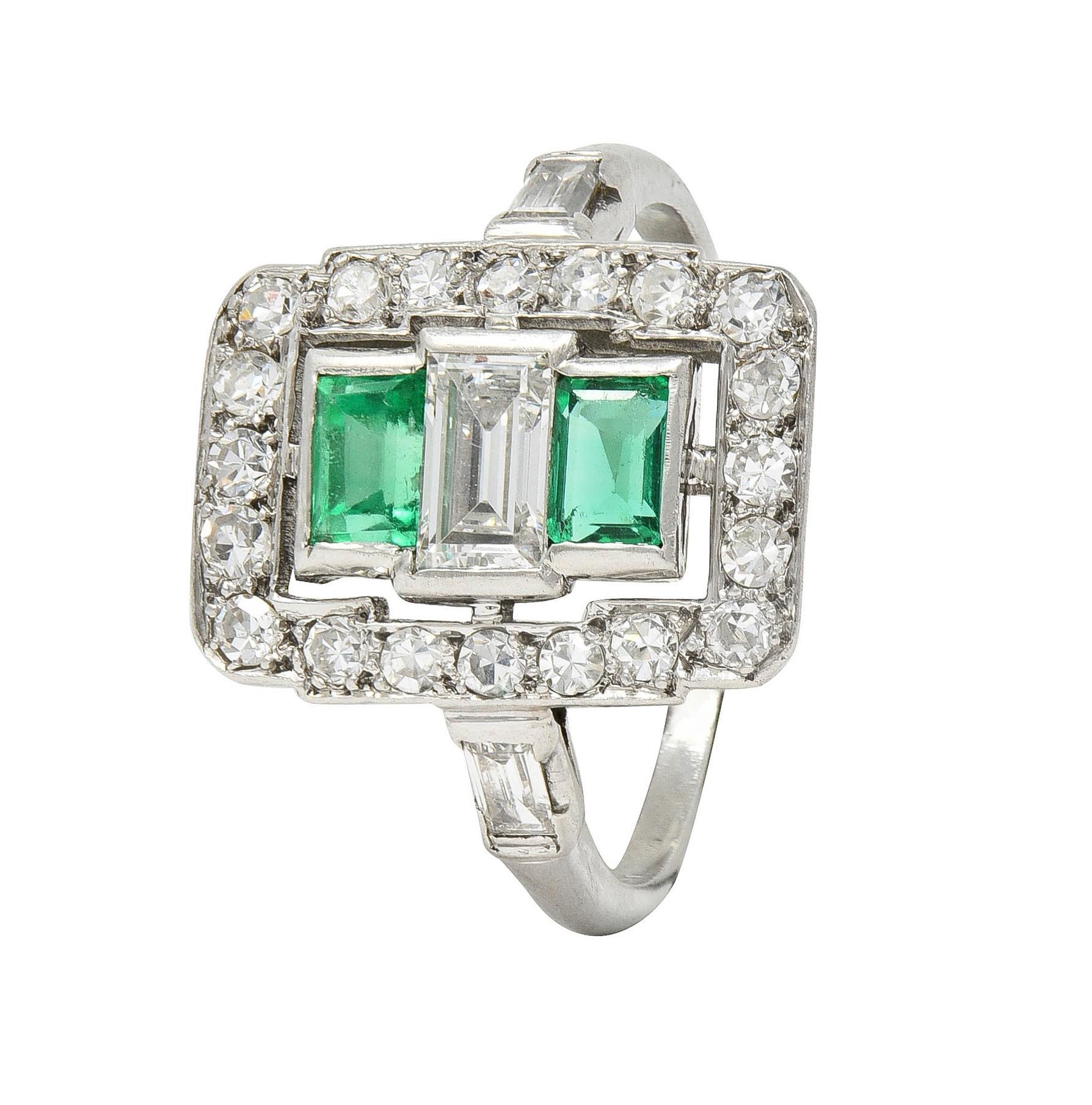 Art Deco 1.50 CTW Emerald Diamond Platinum Vintage Cluster Dinner Ring For Sale 4