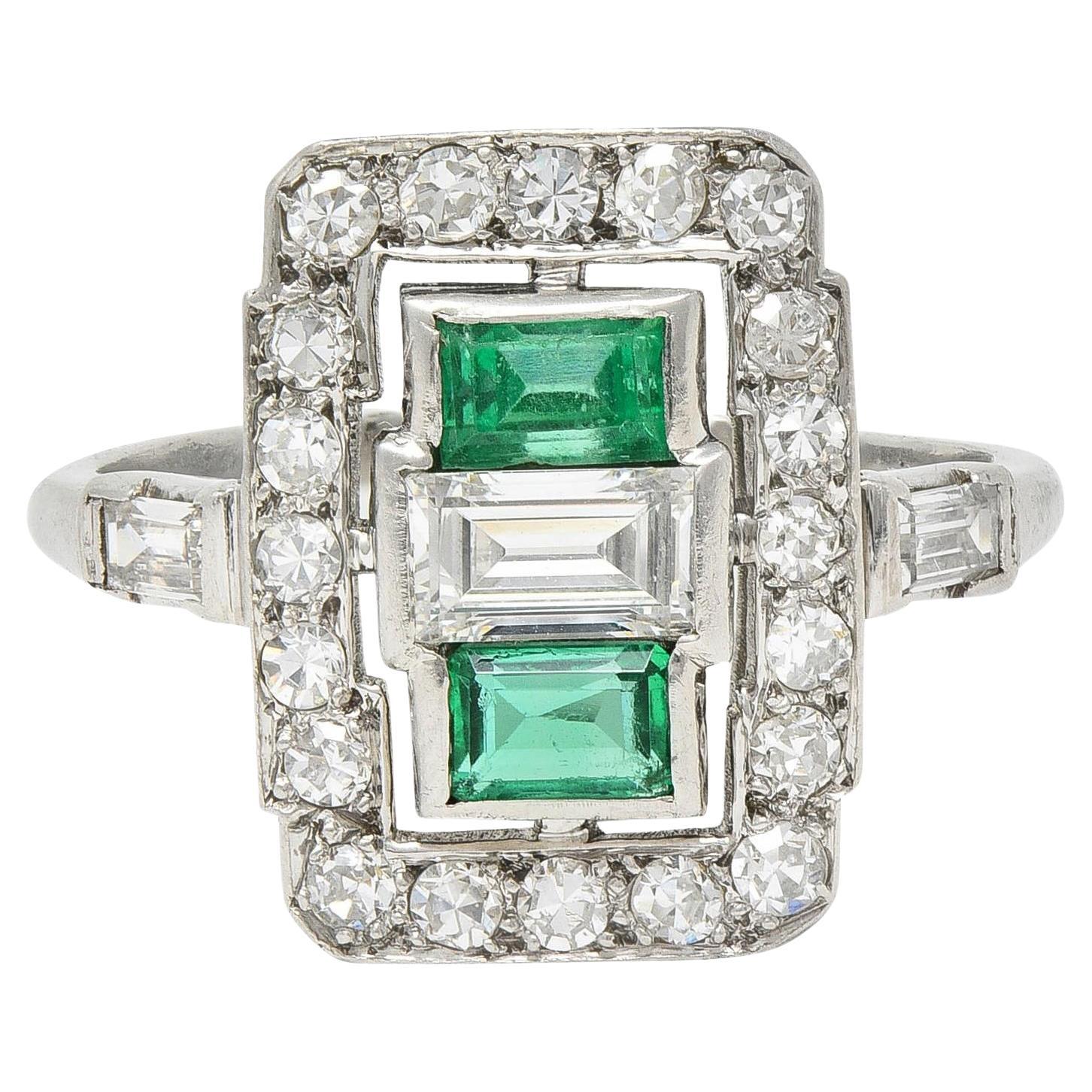 Art Deco 1.50 CTW Emerald Diamond Platinum Vintage Cluster Dinner Ring For Sale
