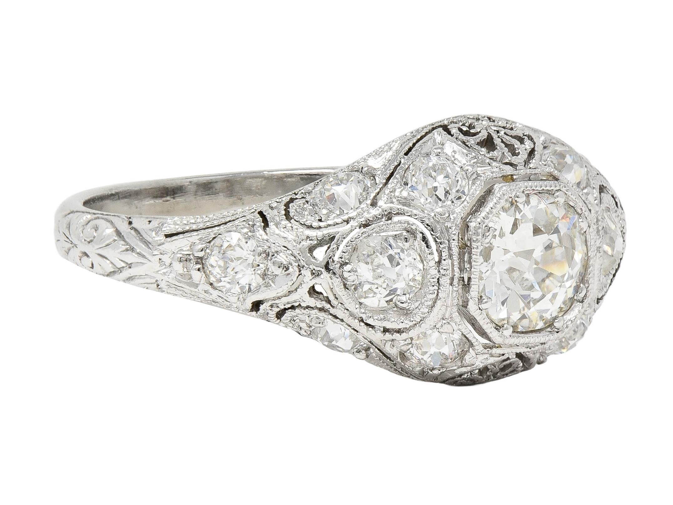 Art déco Art Deco 1.50 CTW Old European Diamond Platinum Foliate Vintage Engagement Ring en vente