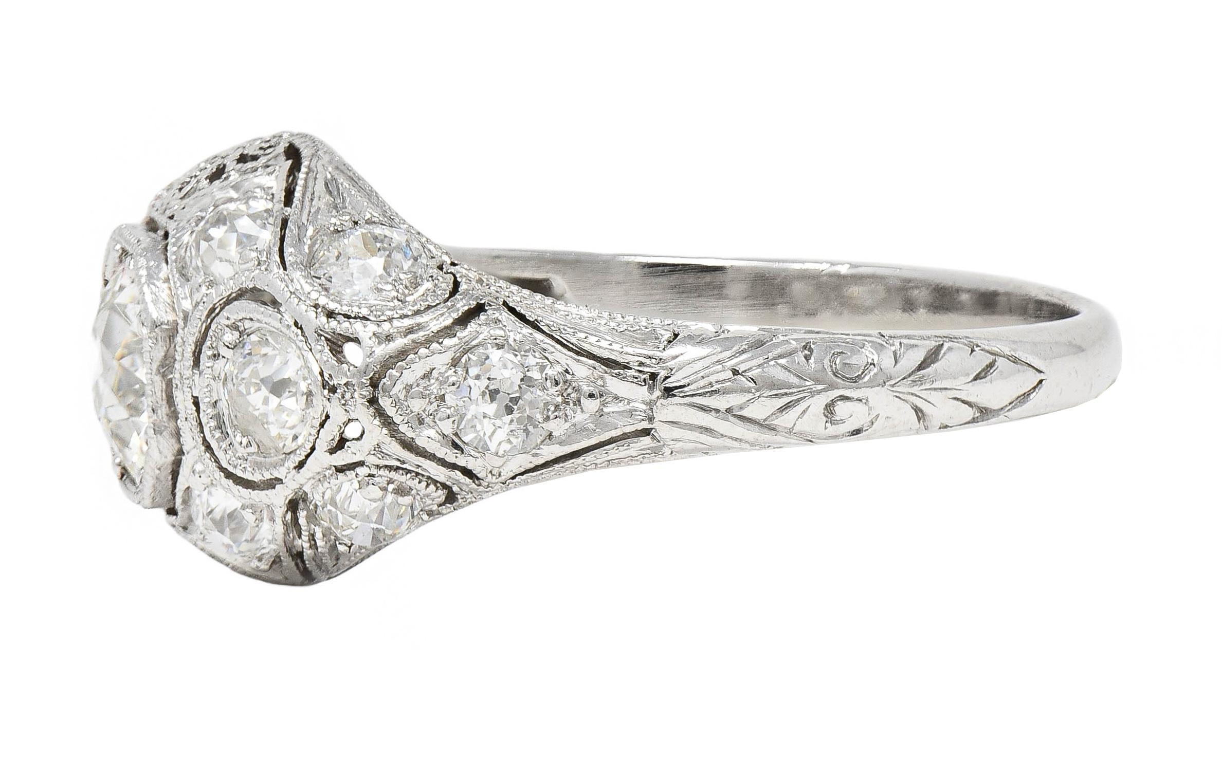 Art Deco 1.50 CTW Old European Diamond Platinum Foliate Vintage Engagement Ring Unisexe en vente