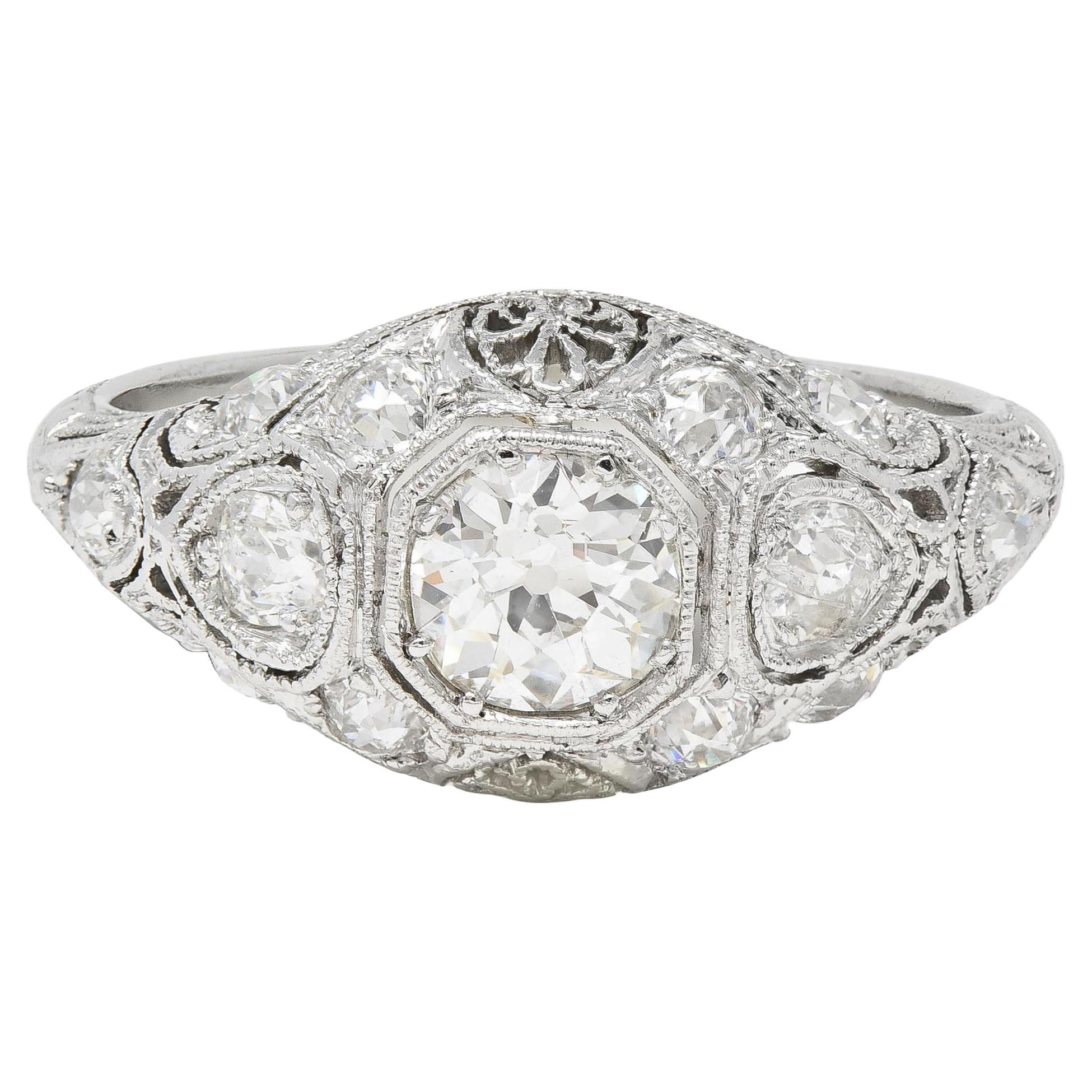 Art Deco 1.50 CTW Old European Diamond Platinum Foliate Vintage Engagement Ring en vente