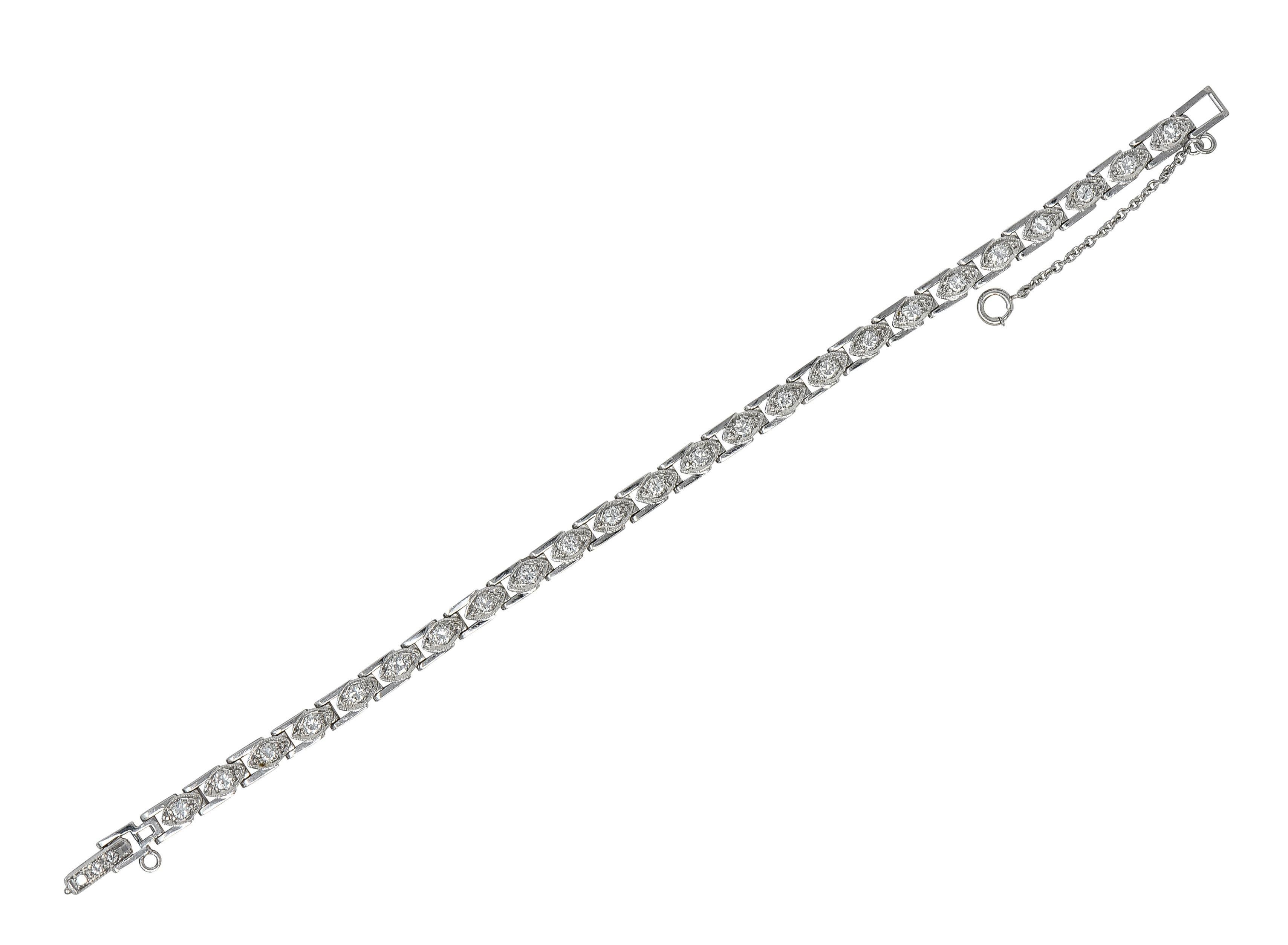 Brilliant Cut Art Deco 1.50 CTW Round Diamond Platinum Vintage Navette Line Bracelet For Sale